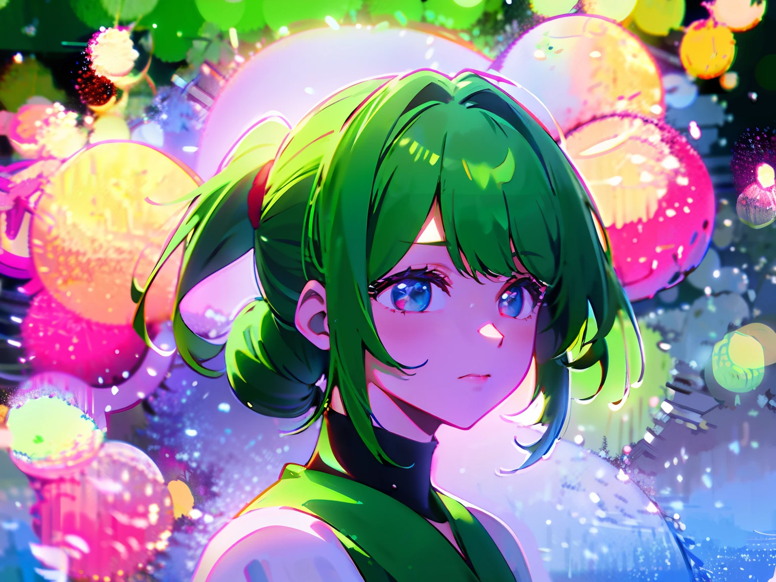 Beautiful girl with green hair in ponytail,lively and lovely,There are dull hairs,Upper body only,Background bokeh,Exquisite lighting,Best lighting effects,Gentle breeze,green pupills。