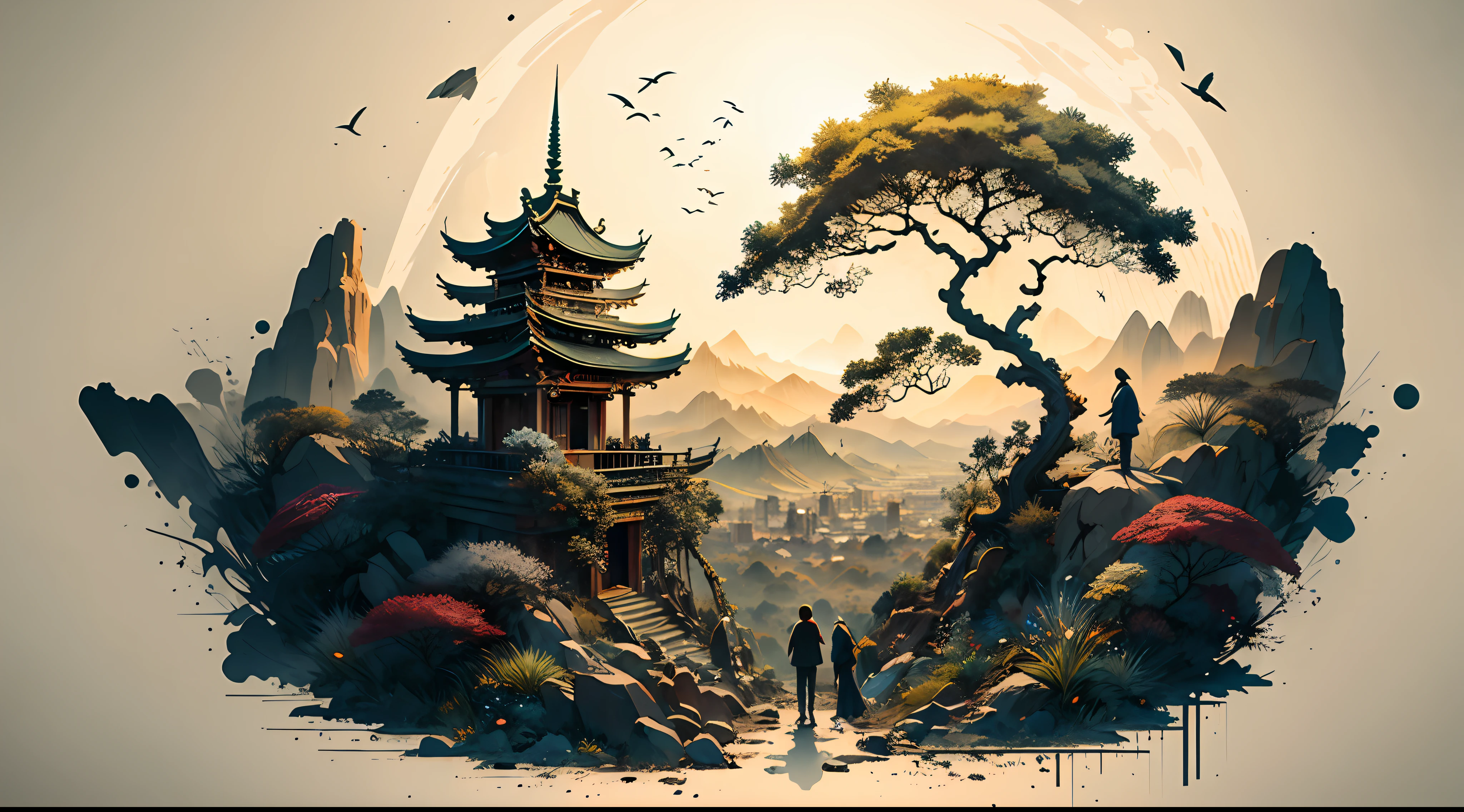 Absurd, high resolution, ultra-detailed, (1 girl:1.3), broken, design a beautiful temple scene, intricate architecture, lush gardens, and a sense of peace and spirituality. Broken, creating an image of a destructive demon with terrifying features, dark powers, and a thirst for chaos and destruction. Broken, designed with a fisheye effect image that captures a wide field of view with a unique curved viewing angle. Break to create rooftop views in urban environments with panoramic cityscapes, dramatic skylines, and a sense of elevation. Break , illustrating the tender moments between parents and children, capturing their bonds, love, and connection. Broken, using pointillism to illustrate images, carefully placed tiny dots of color to create a cohesive and visually stunning whole.
