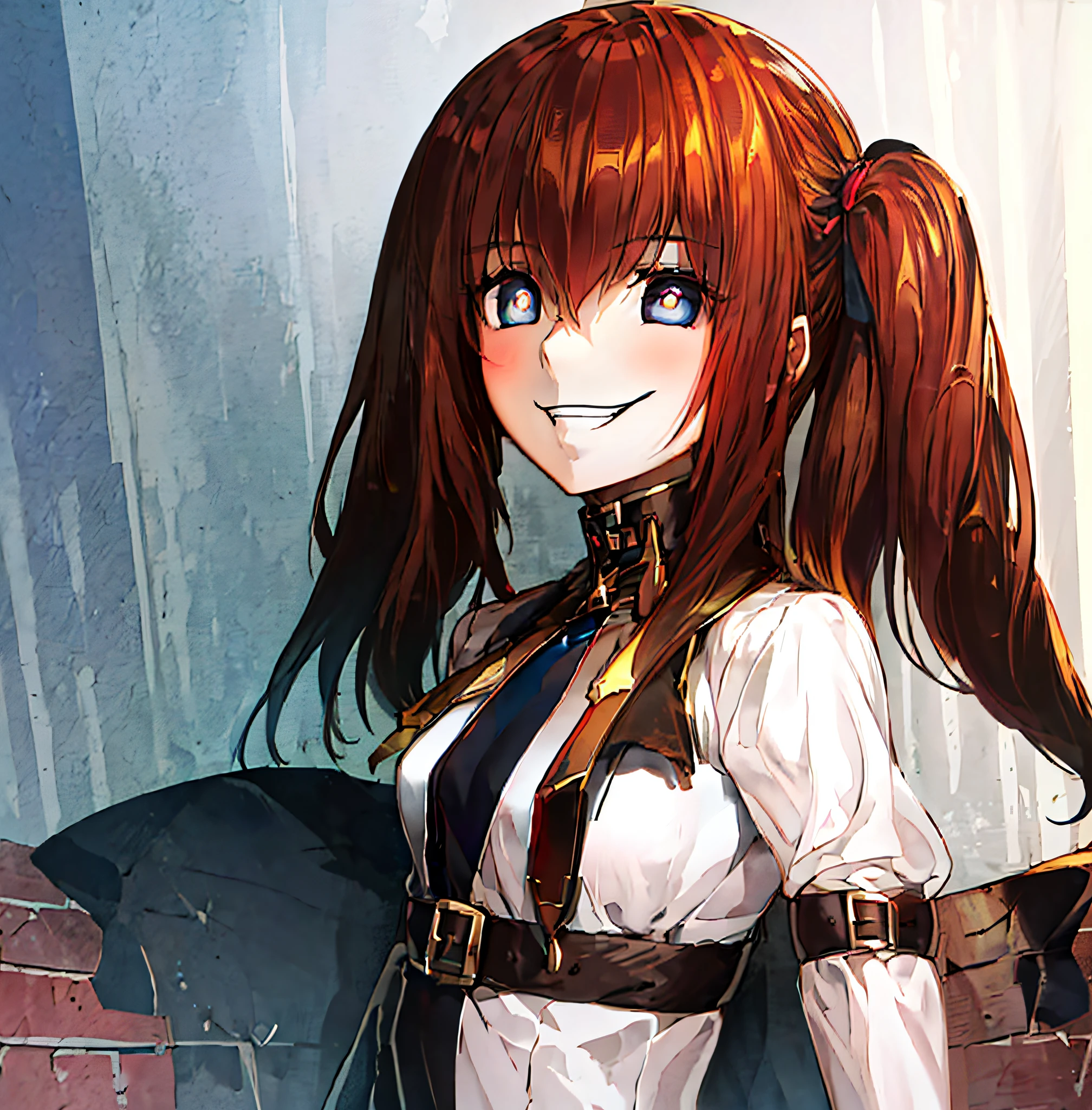 ((masterpiece,best quality,ultra detailed,8k)), intricate details, 1girl, big breast, neck_ribbon,brown_hair,collared_shirt,jacket,long_sleeves,makise_kurisu, looking at viewer, blue eyes, glowing eyes, ((empy eyes)), flat colors eyes, (evil smile), crazy, ((madman)), ((madman smile)), shadow below, ((1 small pupils eyes)), big cast shadow in face,