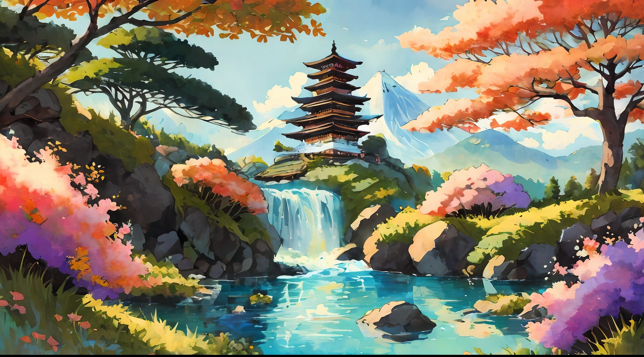 (Best quality),(masterpiece),(ultra detailed),(high detailed),(extremely detailed),Subject: Anime-Inspired Scenic Gouache Paintings
Medium: Gouache paint on canvas or watercolor paper.
Canvas Size: 11x14 inches.
Color Palette: Bright and vibrant colors with a mix of warm and cool tones.
Mood: Lively, energetic, and whimsical.
Composition: Dynamic compositions with a focus on capturing the essence of the scene.
Lighting: Play with lighting effects to create a sense of depth and atmosphere.
Style: Anime-inspired with a touch of painterly realism.
Details: Include elements such as picturesque landscapes, charming buildings, colorful flora, and expressive characters.
Inspiration: Anime backgrounds, Studio Ghibli films, traditional Japanese art.
Camera Setup: None (since it's a traditional painting).
Additional Notes: Use gouache paint to achieve a blend of opaque and translucent effects, allowing for vibrant colors and smooth transitions. Start with loose sketches to plan the composition and placement of key elements. Experiment with layering and building up the paint to add depth and texture to the scenery. Pay attention to the balance of warm and cool colors to create a harmonious and captivating atmosphere. Include small details like flowing water, fluttering leaves, or distant mountains to add depth and interest to the scene. Consider incorporating elements of fantasy or magical realism, such as floating islands, mythical creatures, or whimsical architecture. Let your imagination guide you in creating enchanting anime-inspired scenic gouache paintings that transport viewers to captivating and vibrant worlds.