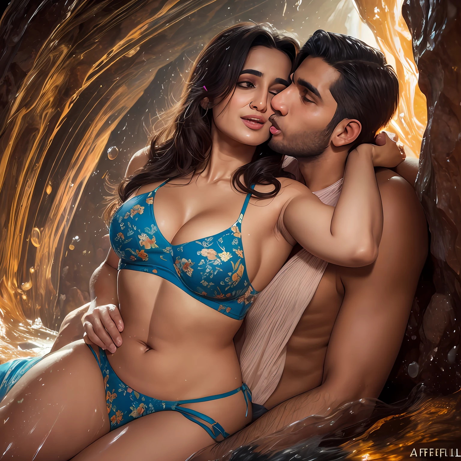 (impressionist masterpiece oil painting depicting solo closeup) of an alluring sexy curvy Indian princess Sonali Bendre, in a sunny cave , cleavage, navel, wearing beautiful printed bralette & skirt. 50's fashion, long brown wavy hair with highlights,, vivacious, lustful glance, exhilarated (beautiful detailed eyes:1.1) , (passionate expression:1.2) intense dramatic lighting, bokeh, backlit, light rays, highly detailed, trending on artstation, paint splashes, rich colour, , by Atey Ghailan (full body shot:1.6) (armpits:1.5) (kissing a man:1.7)