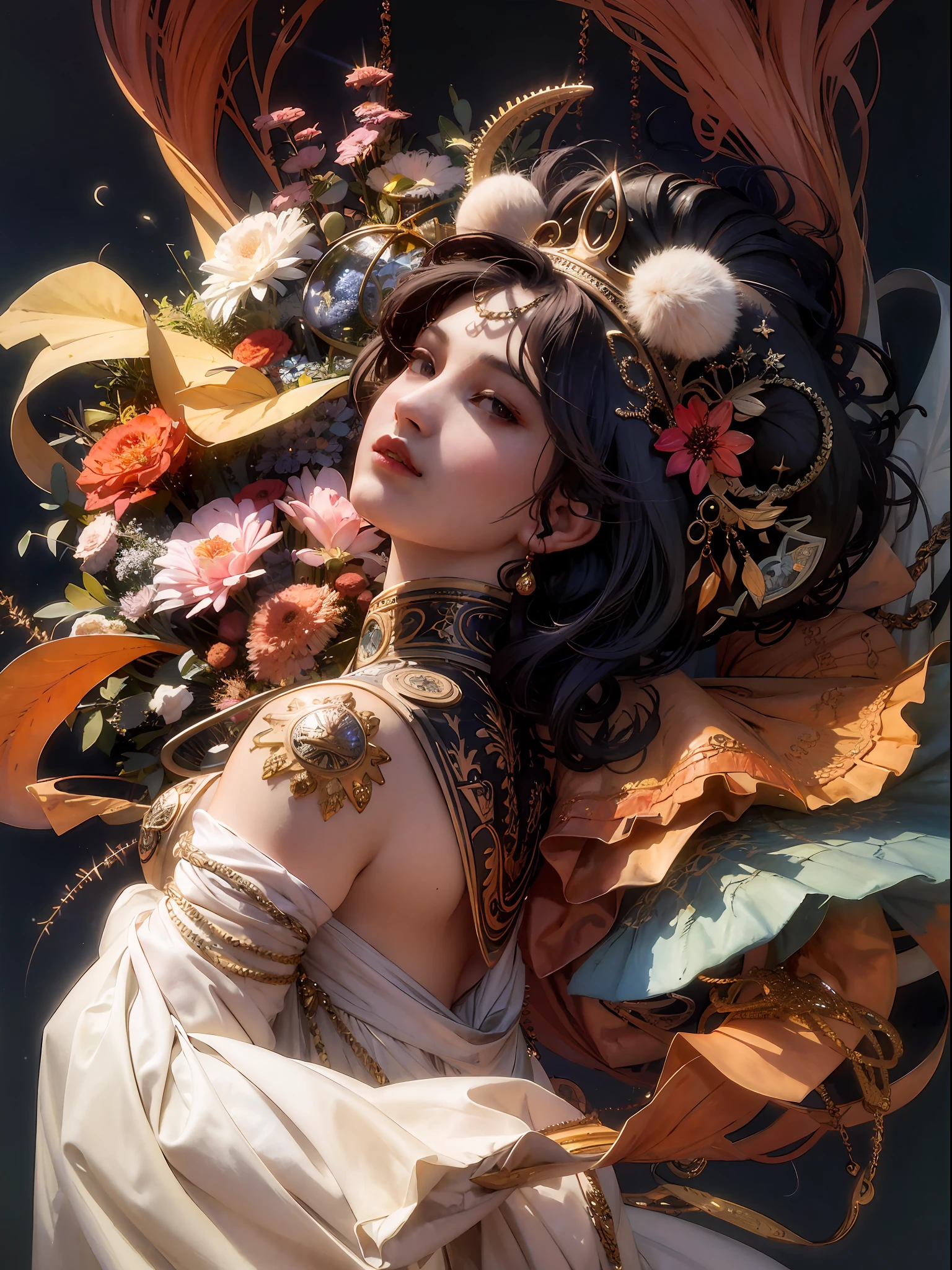 a close up of a woman with a large headpiece and flowers, artwork in the style of guweiz, by Yang J, beautiful character painting, alphonse mucha and rossdraws, guweiz, ross tran 8 k, a beautiful fantasy empress, 8k high quality detailed art, ((a beautiful fantasy empress)), guweiz masterpiece, beautiful digital artwork