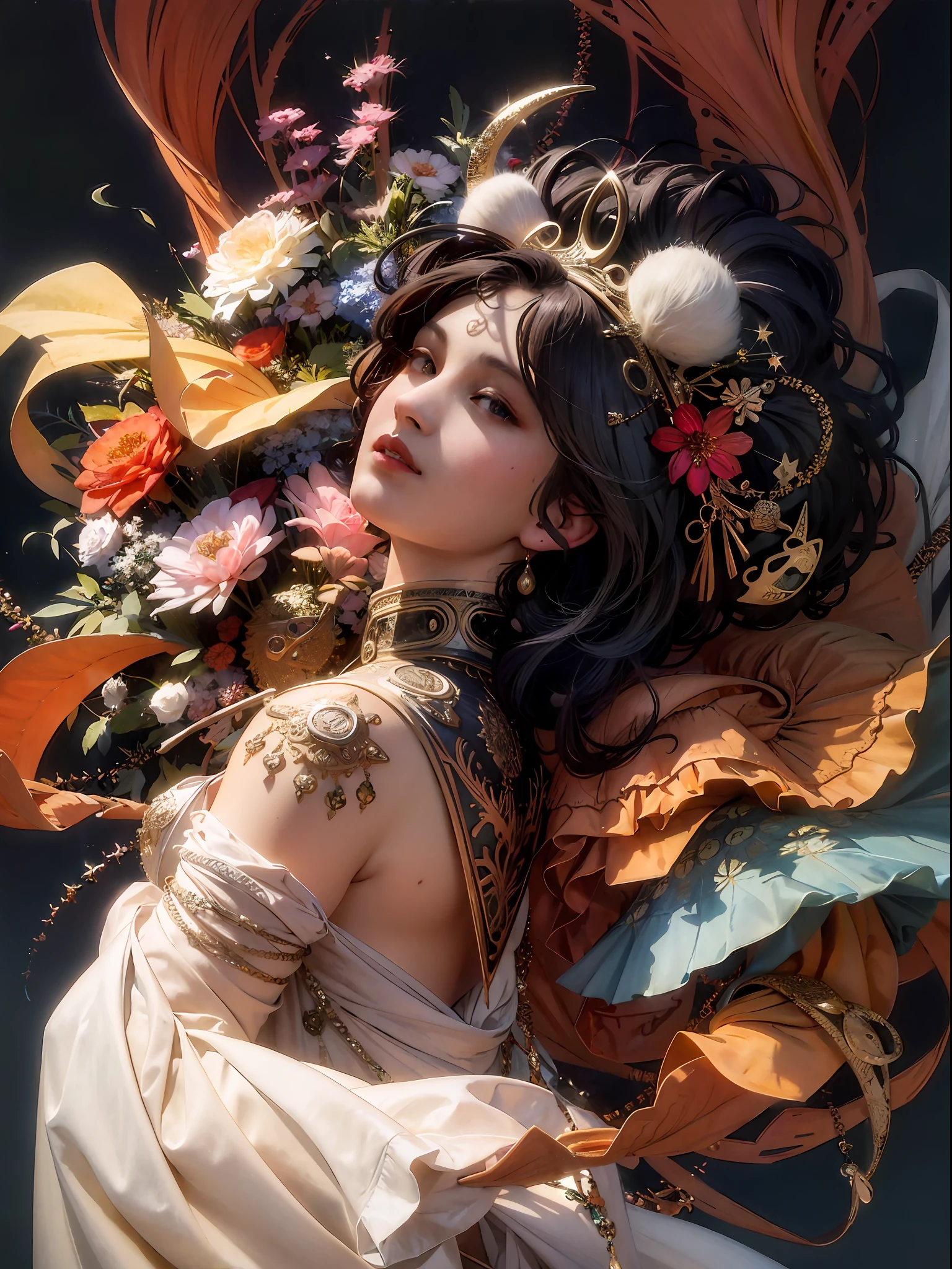 a close up of a woman with a large headpiece and flowers, artwork in the style of guweiz, by Yang J, beautiful character painting, alphonse mucha and rossdraws, guweiz, ross tran 8 k, a beautiful fantasy empress, 8k high quality detailed art, ((a beautiful fantasy empress)), guweiz masterpiece, beautiful digital artwork