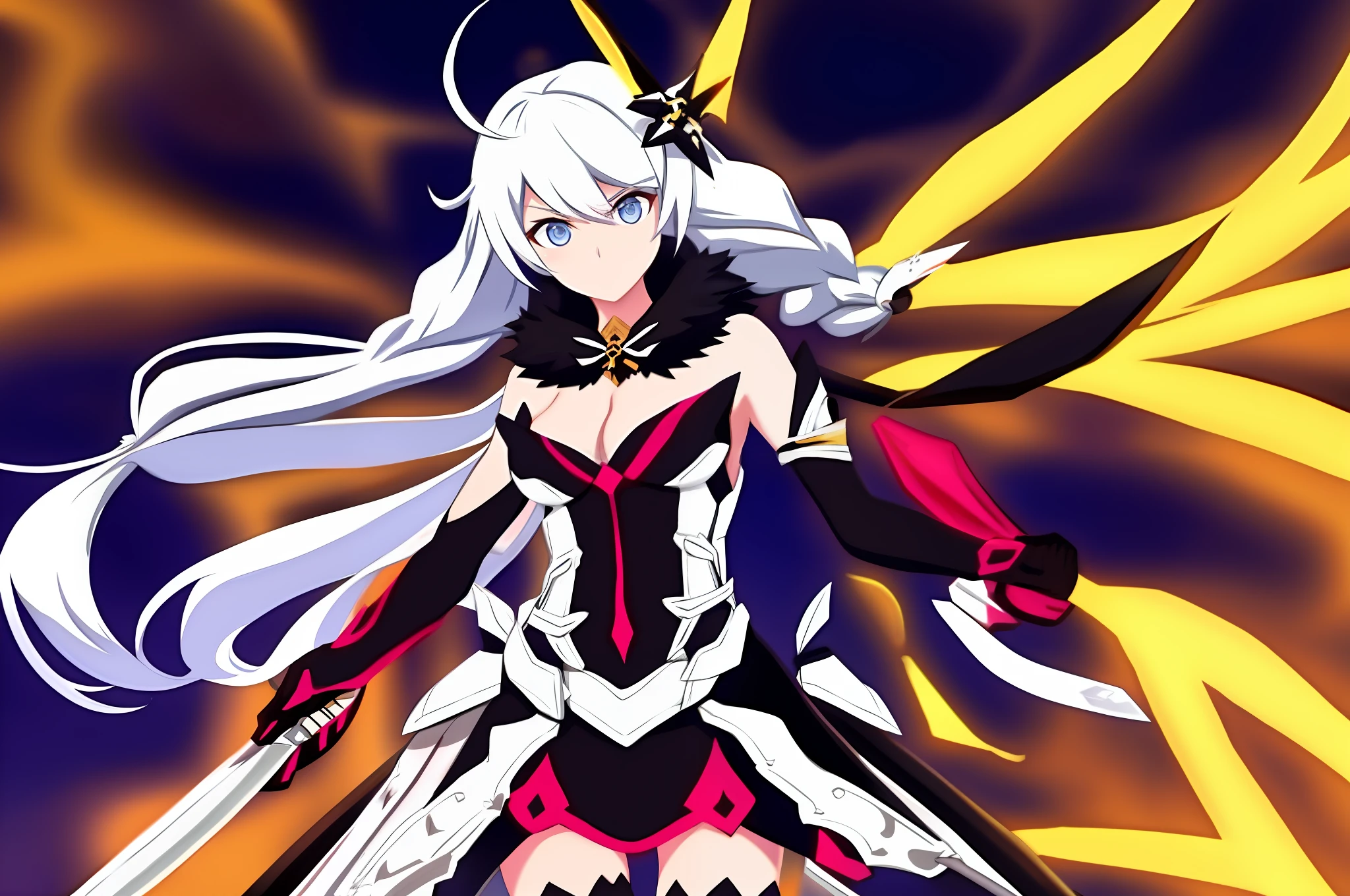 Kiana,ao ar livre de dia, arma sozinha, twin braids, cabelo branco longo, olhos azuis marinho,middlebreasts, with a sword of the hand, usando um poder de gelo, armadura de cavaleira branca brilhante