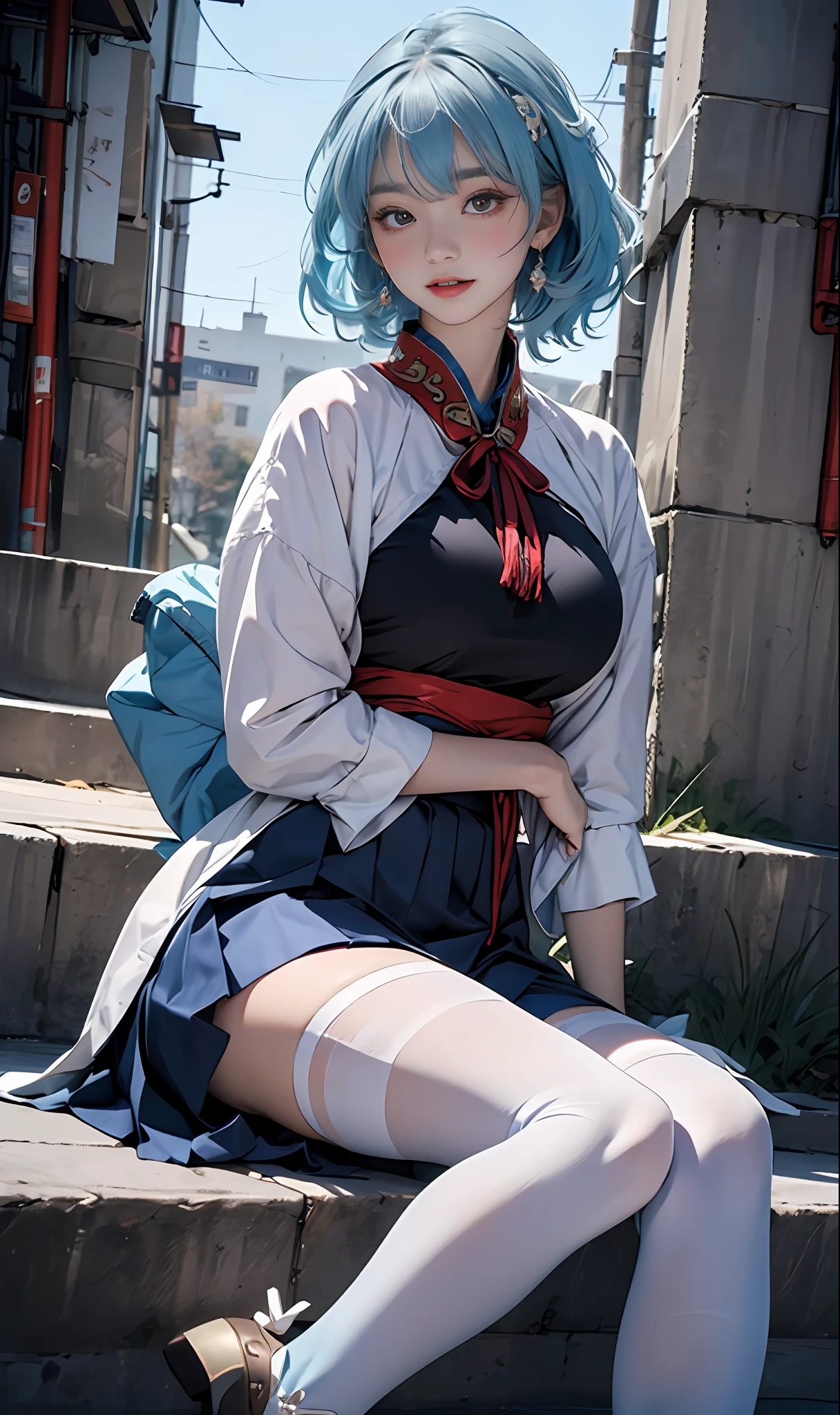 (optimum，tmasterpiece，High picture quality，)There was a girl in a pleated skirt and blue clothes, clubs，oriental architecture ray tracing，best qualtiy，light particules，Extremely detailed 8k wallpaper，Super detailed eyes，busty figure，(light blue  hair，ganyudef，the original god)，sleek legs，White stockings，intricately details，Cold white skin，（Carefully portray blush）,Soft cute，Messy beauty，The skin is shiny and silky，beautidful eyes，An extremely delicate and beautiful girl，full bodyesbian