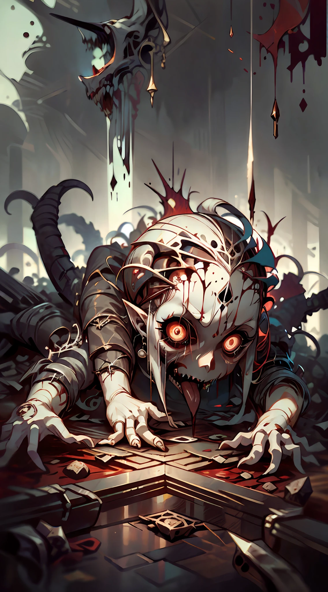 A woman crawling on the ground,The limbs are reversed,Head twist 180°,fearsome,Flashy,a long tongue sticking out,Hair on the floor,Bleeding wood floor,Hideous face,Red chaotic evil pupils,Chaotic,Out of order