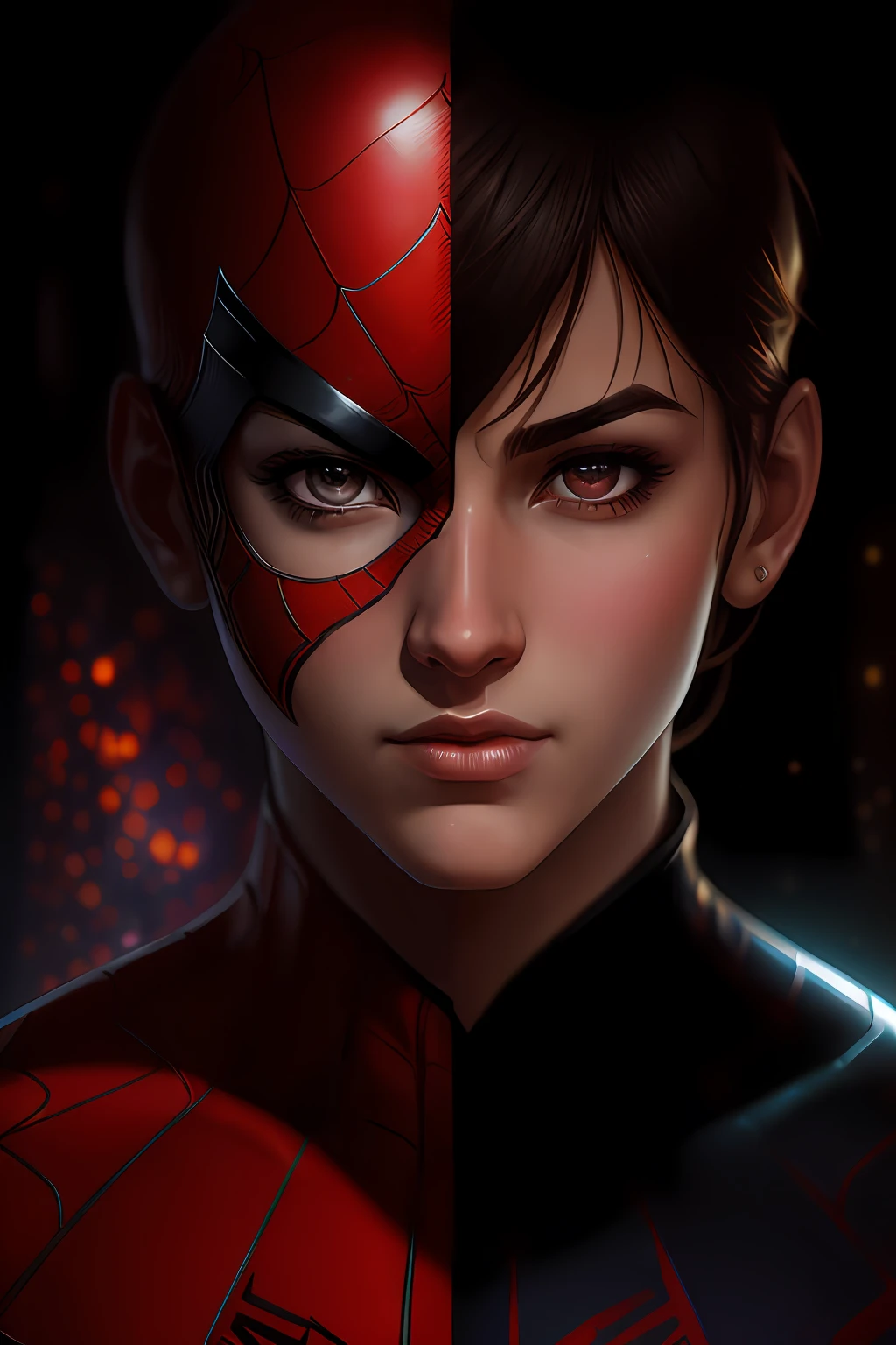(Award Winning Digital Artwork:1.3) of (Sketch:1.3),(Energetic:1.3) Spidey, EmmaRob,CGSociety,ArtStation,(Saturated:1.3),(close portrait:1.3),(Feminine:1.4),(beautiful:1.4),(attractive:1.3),handsome,calendar pose,perfectly detailed eyes,studio lighting,thematic background