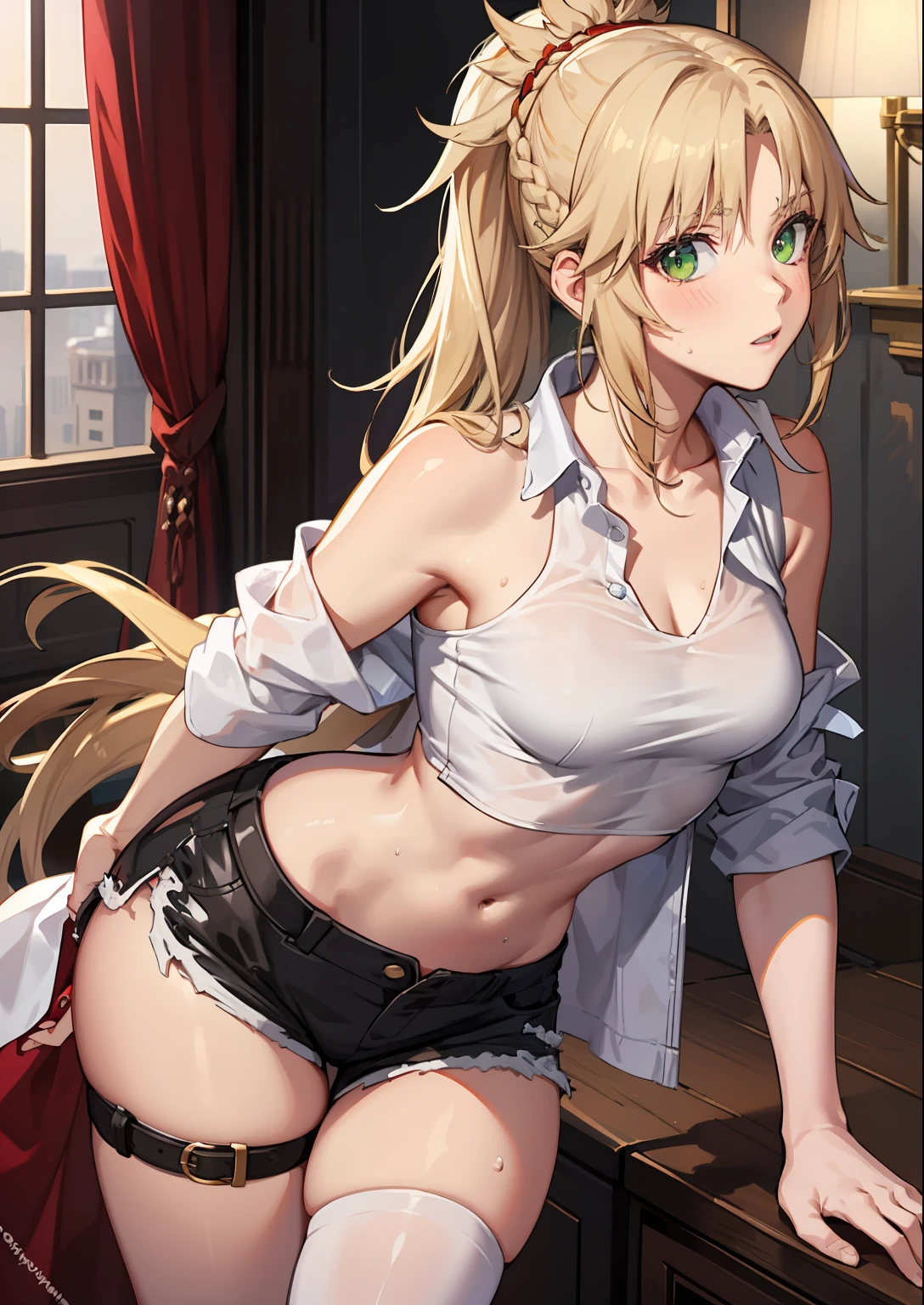 Beautiful, Masterpiece, Best Quality, extremely detailed face, perfect  lighting, mordred \(fate\), a 1girl, 独奏, hair light, Green eyes, braid, stands, black shorts, blusher, 鎖骨, crop-top, looking a viewer, bellybutton, Abs, little chest, Red shirt, Shirt, hands on thighs, white bandeau, Short shorts, wide thighs, ass, the sweat, Erotica