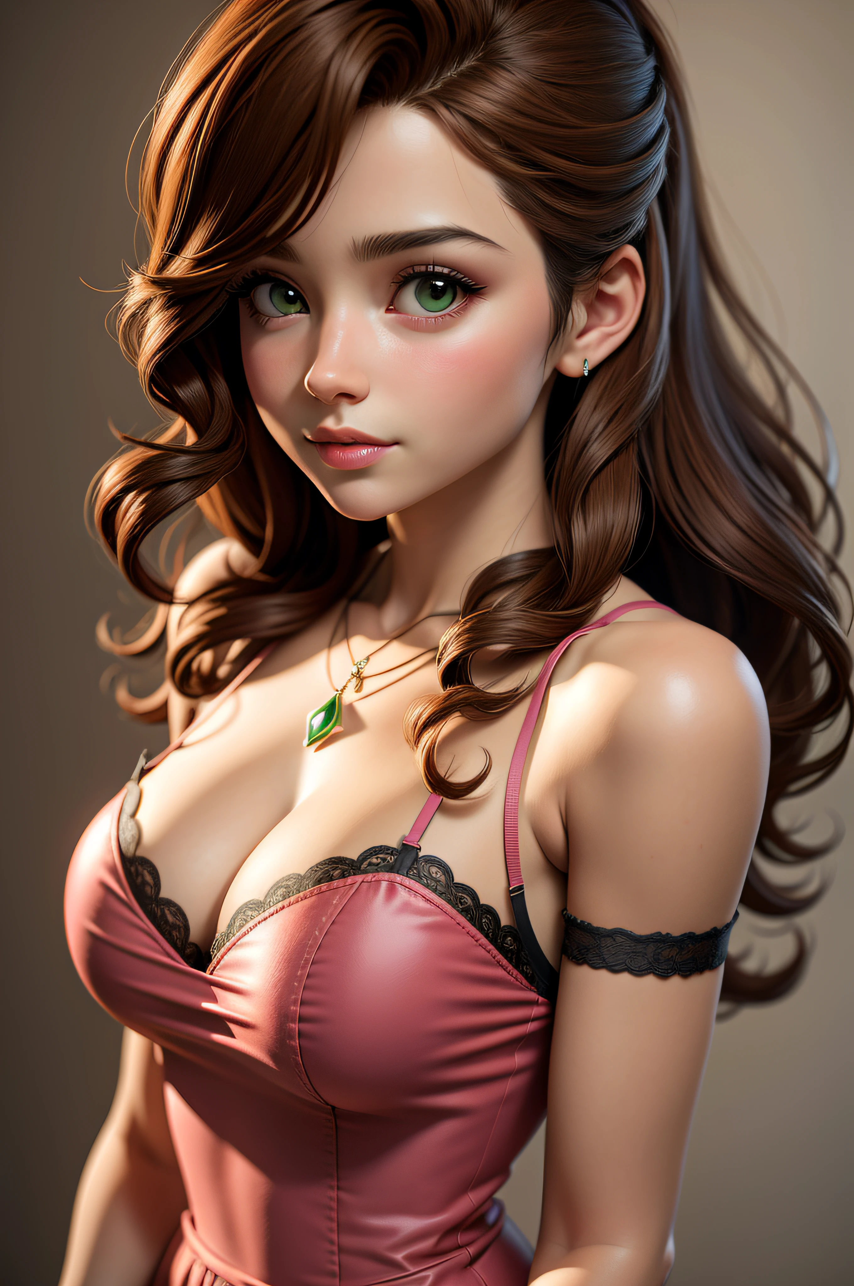 masterpiece, best quality,3d rending work ,3DMM style,close-up,portrait, 3D,1girl, solo, brown hair, string necklace, looking to the side, realistic, upper body, simple background, bangs, looking away, long black hair, parted lips, makeup, long brown curly hair, green eyes, pink lingerie, cleavage, aerith gainsborough, aerith