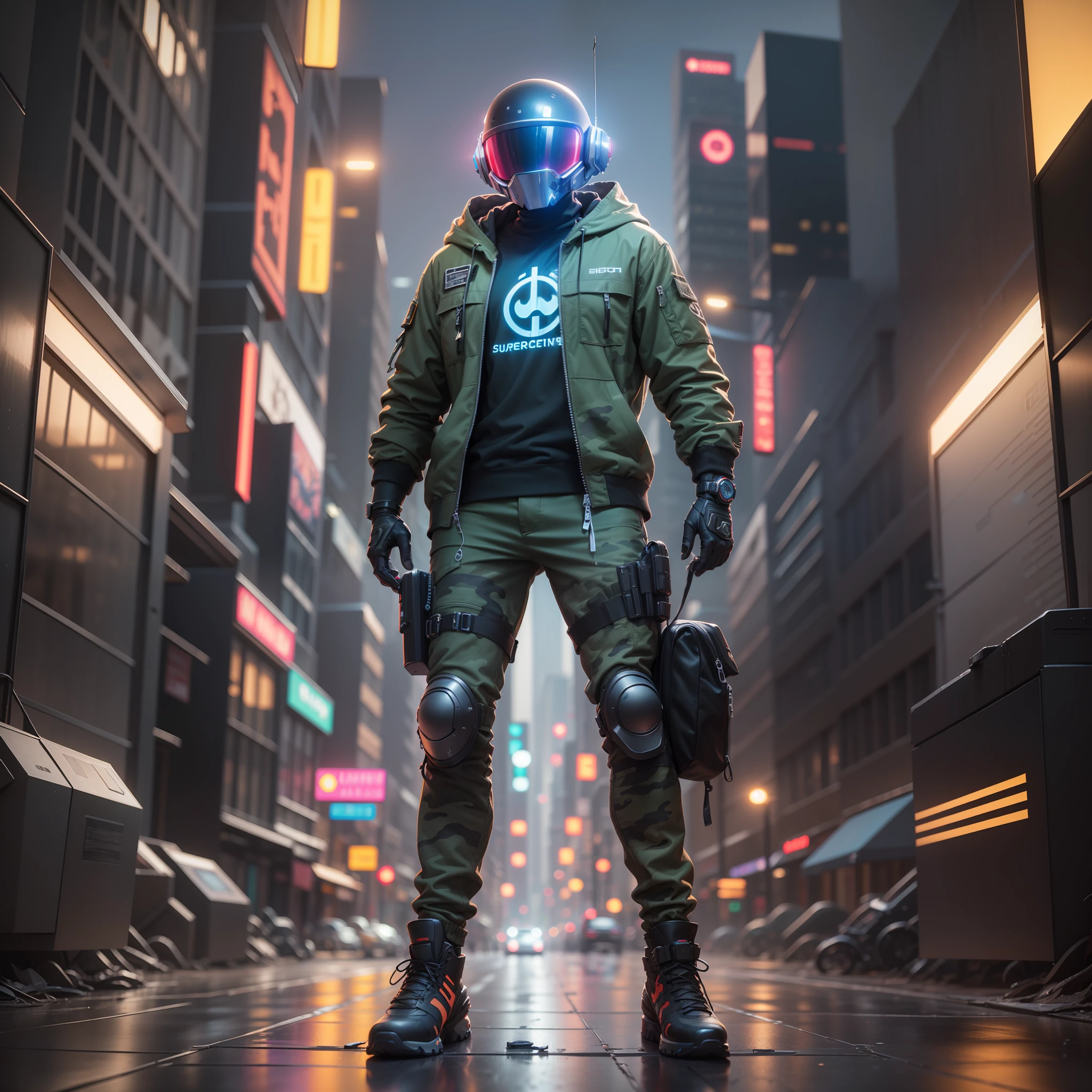 (masterpiece, full body shot, intricate raw photography) Cyberpunk citizen, comfortable super oversized asymetrical
green camouflage pattern techwear jacket, black hoodie, black cargo pants, black clothing, dark, wearing a futuristic black high-tech helmet daft punk style, aerodynamic, intricate, futuristic, advanced technology, dark environment, dramatic, light and shadow, cinematic, action movie, sharpness, random relaxed position, cyberpunk city, street neon lights, dark street, night, insta photo, photo of the year, octane render, substance, Maya 3D, cinema4D, ArtStation Trending, Devian Art Trend,