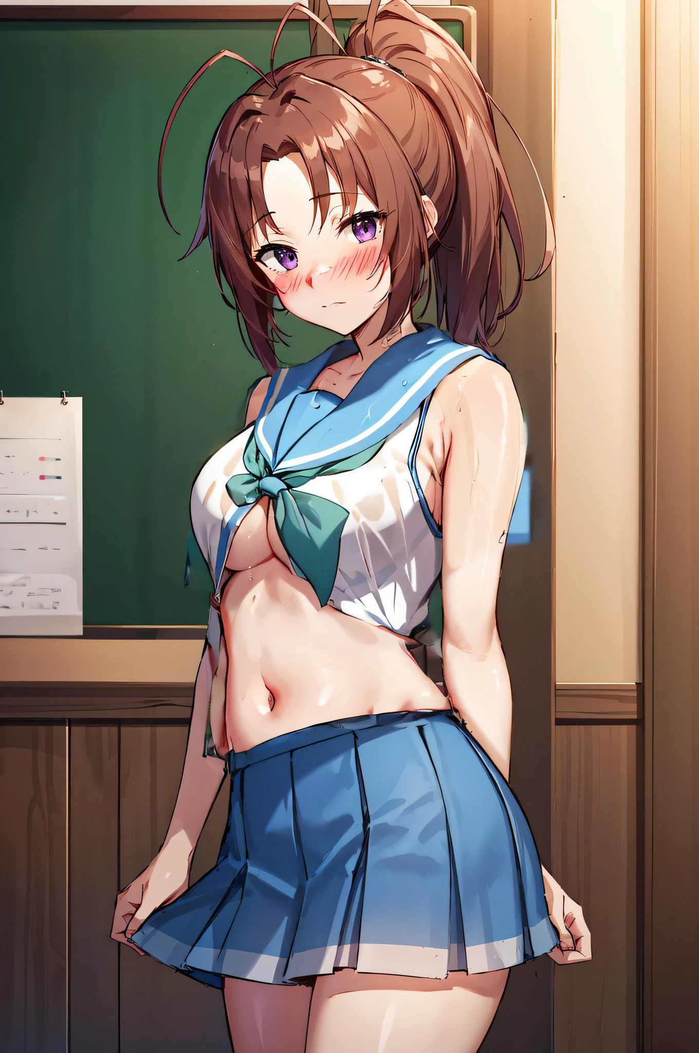 nakagawa_natsuki、large full breasts、cleavage of the breast、Lower breast、white shirt, Blue Sailor Color、sleeveless、(wet with sweat:1.3)、underboob