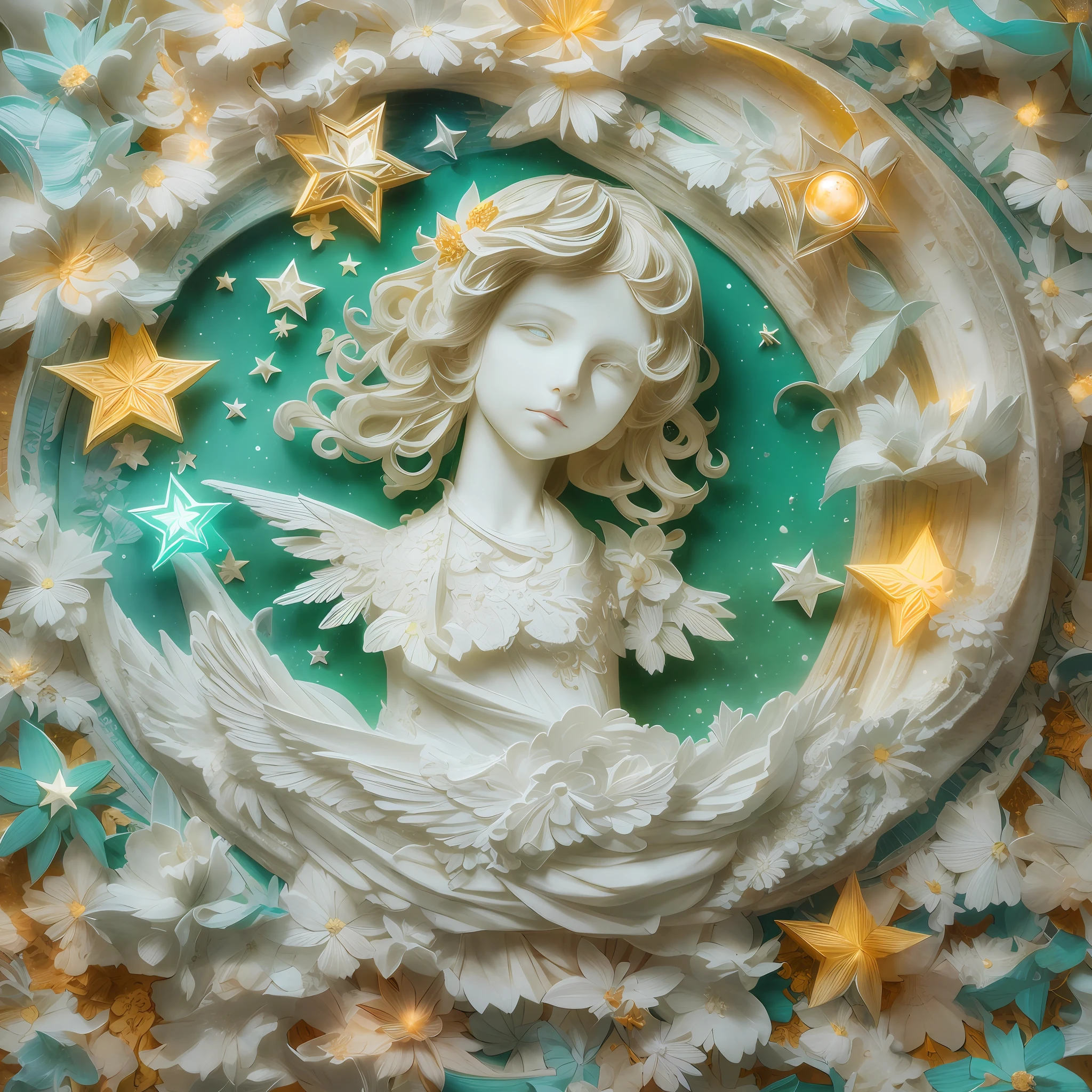 illustration: 1.3), paper art, 3D rendering of, Colorful background, (beautiful angel,: 1.3), (Masterpiece stars: 1.2) (Masterpiece Moon: 1.2), Colorful, Best quality, Detailed details, Masterpiece, offcial art, movie light effect, 4K, Chiaroscuro , Flash