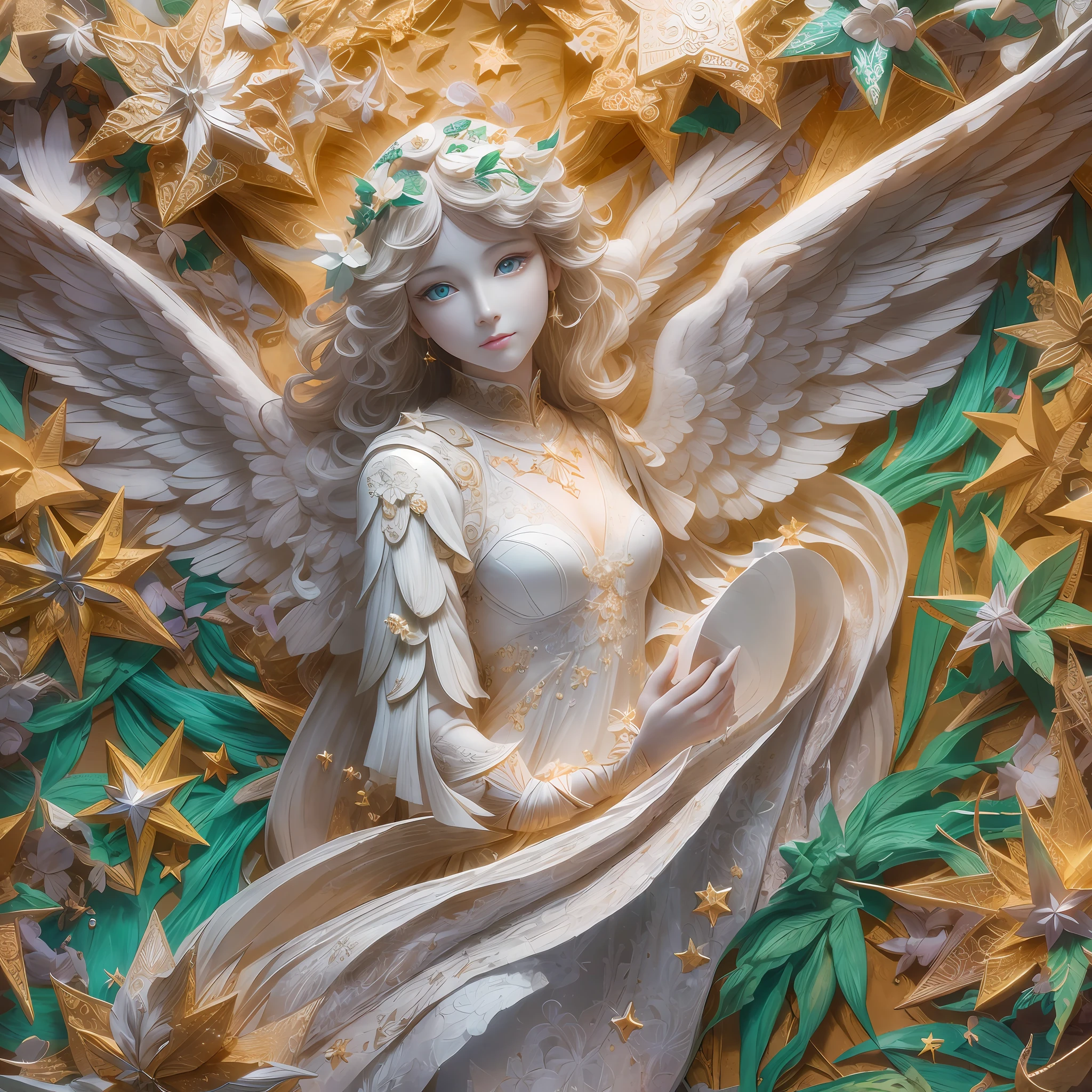 illustration: 1.3), paper art, 3D rendering of, Colorful background, (beautiful angel,: 1.3), (Masterpiece stars: 1.2) (Masterpiece Moon: 1.2), Colorful, Best quality, Detailed details, Masterpiece, offcial art, movie light effect, 4K, Chiaroscuro , Flash