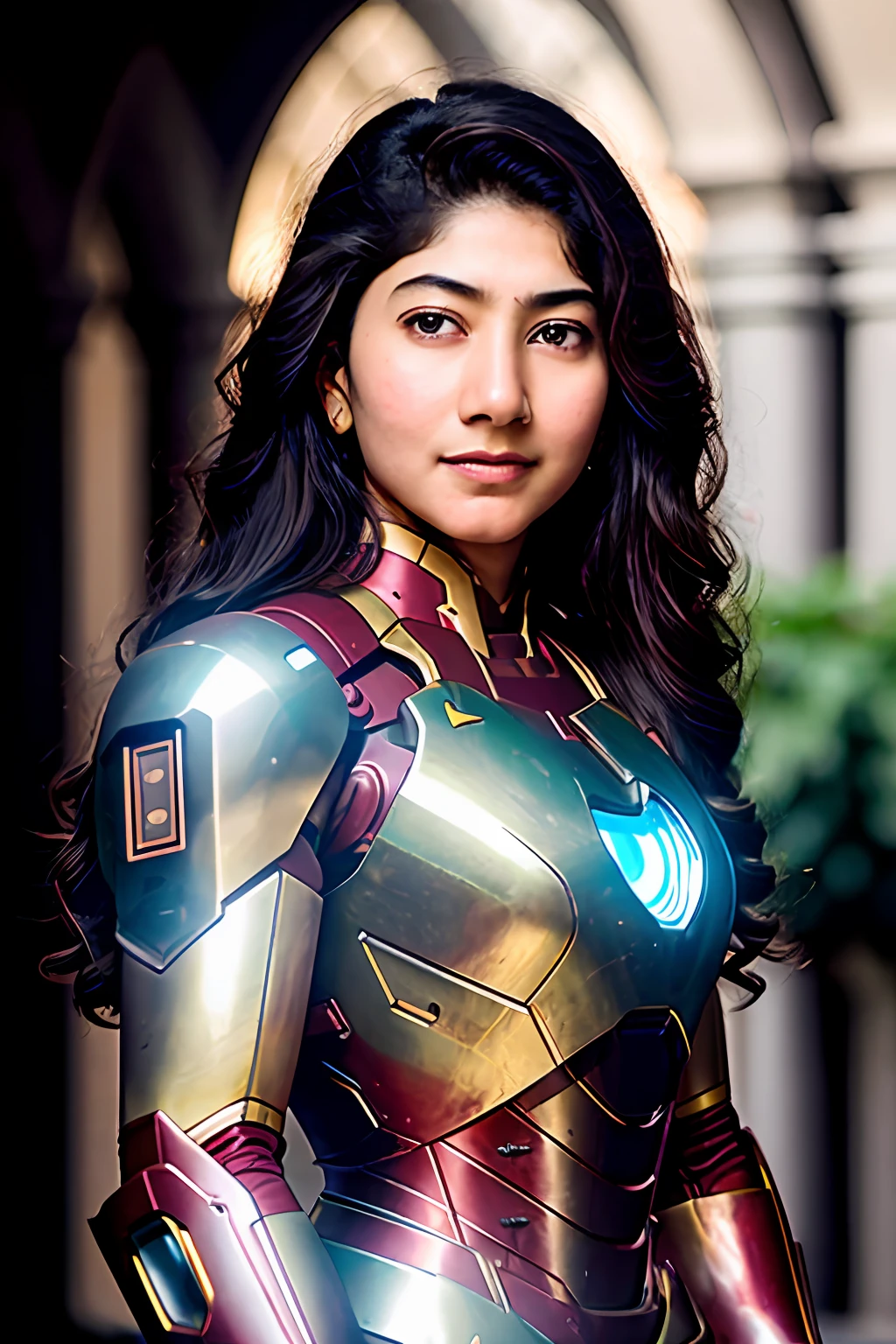 portrait photo, kryst3n, (sharp focus:1.2), attractive young woman Sai Pallavi(beautiful face:1.1), detailed eyes, luscious lips, (smokey eye makeup:0.85), she is wearing (iron man mark II armor)suit, in a (courtyard:1.1). (moody lighting:1.2), depth of field, bokeh, 4K, HDR.