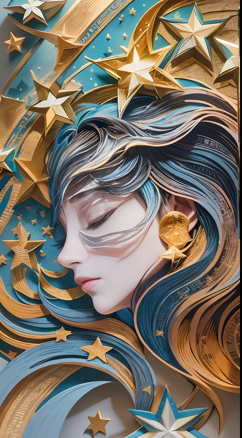 illustration: 1.3), paper art, 3D rendering of, Colorful background, (Beautiful side face，closing her eyes: 1.3), (Masterpiece Star 1.2)(Masterpiece Moon 1.2) , Colorful, Best quality, Detailed details, Masterpiece, offcial art, movie light effect, 4K, Chiaroscuro , Flash