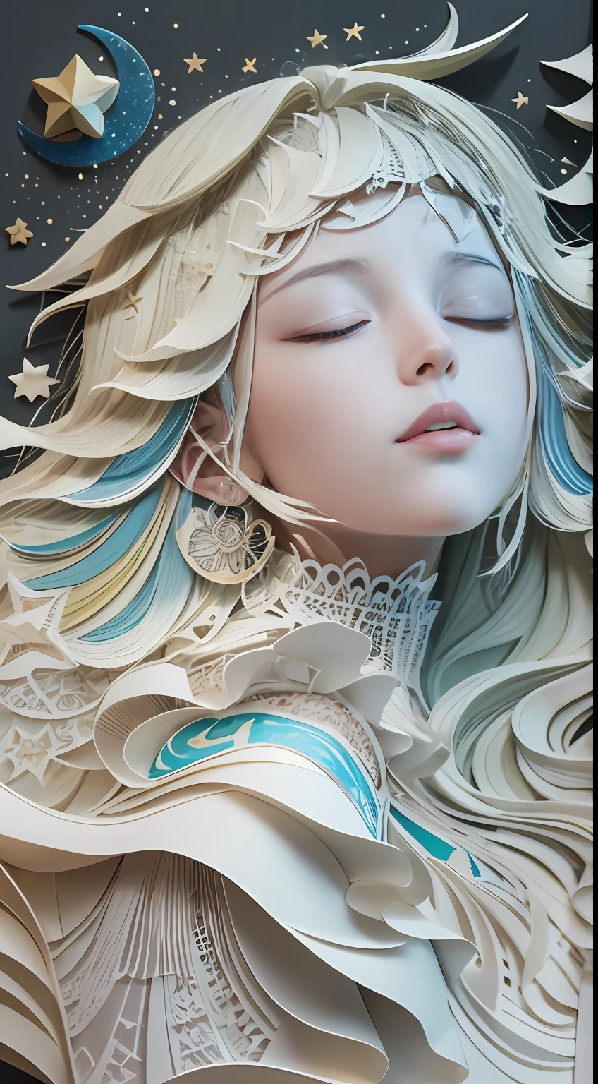 illustration: 1.3), paper art, 3D rendering of, Colorful background, (Beautiful side face,closing her eyes: 1.3), (Masterpiece Star 1.2)(Masterpiece Moon 1.2) , Colorful, Best quality, Detailed details, Masterpiece, offcial art, movie light effect, 4K, Chiaroscuro , Flash