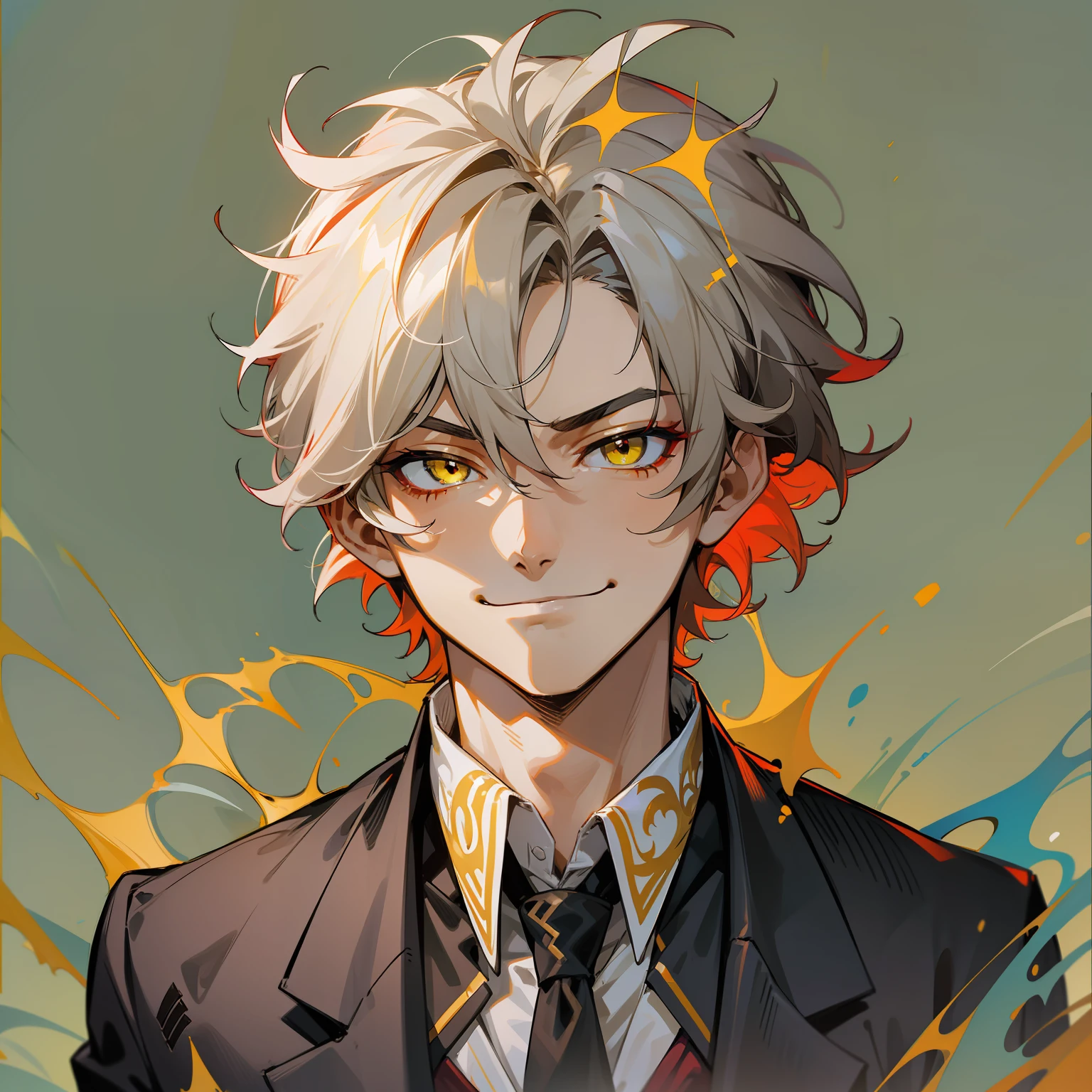 male; short hair; black hair; yellow eyes; smug smirk; white suit; tom de pele morena; red tie; messy hair; anime;