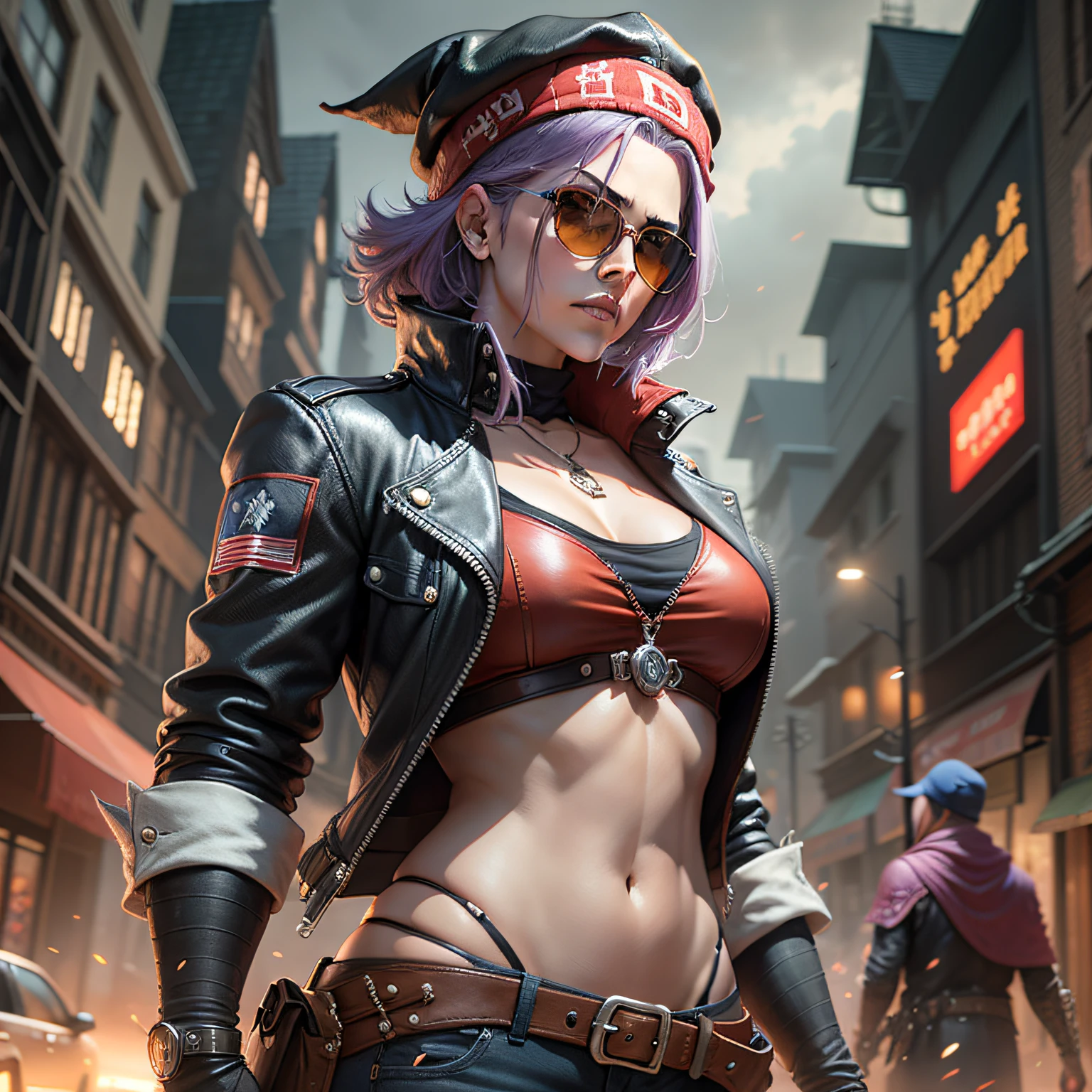 There is a woman with purple hair and sunglasses in the red hat and yellow leather jacket holding a flag, portrait of a bloodborne hunter, badass anime 8 k, Alucard, tiroteio, arte de fantasia urbana estilizada, assassino cyberpunk, Retrato de um vigilante, fantasia urbana centralizada, como personagem em tekken, Dante do Diabo Pode Chorar, Guilherme H. Pongiluppi