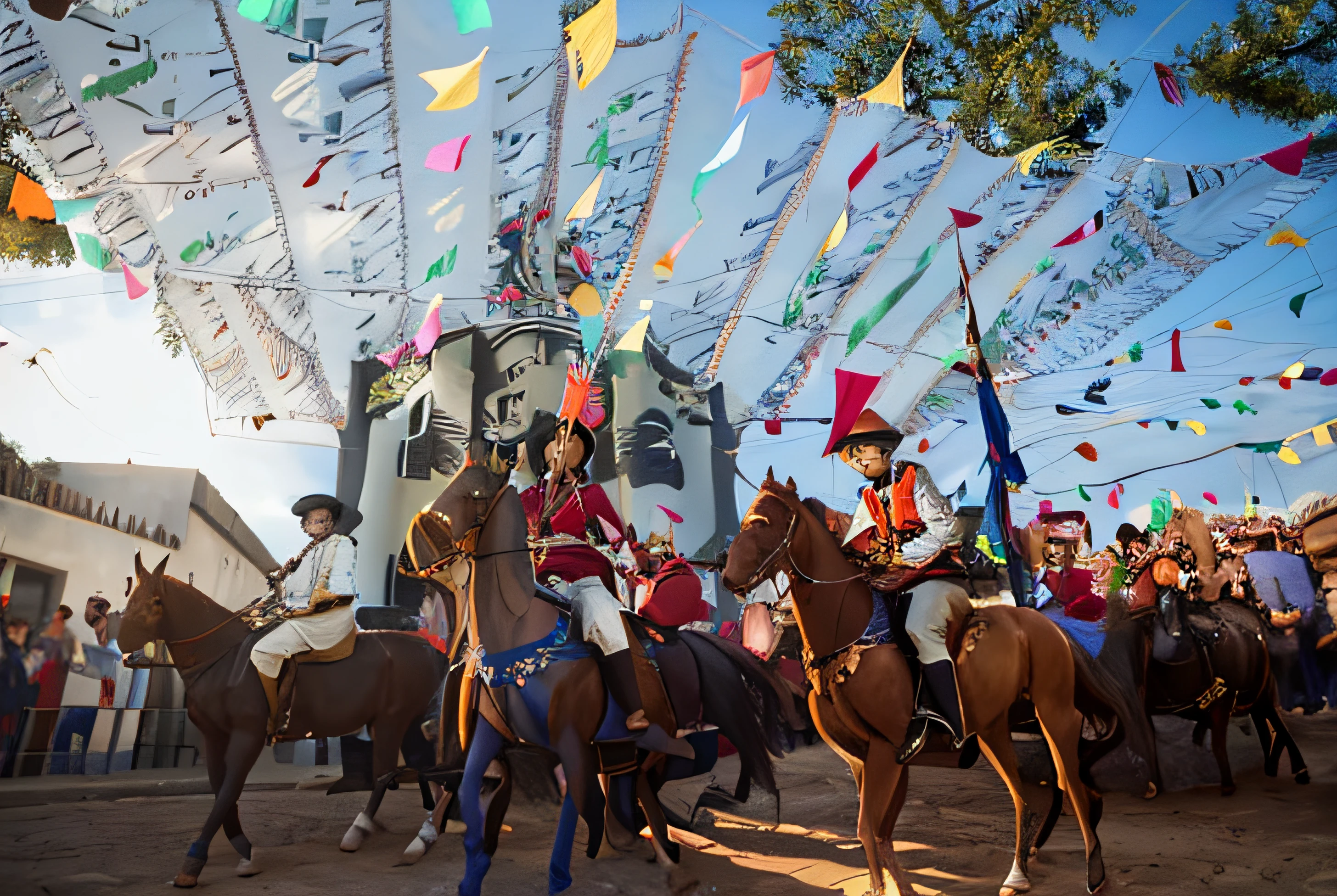 people riding horses in a parade with colorful flags and streamers, Directed by: Felipe Seade, Directed by: Fernando Gerassi, holiday season, festival, elaborate composition, Directed by: CeFerí Olivé, Directed by: Alexander Fedosav, Directed by: Robert Brackman, bispo do rosario, Directed by: Daniel Lieske, Directed by: Matteo Pérez, Directed by: Juan Carlos Stekelman, Directed by: Jacob Steinhardt --auto