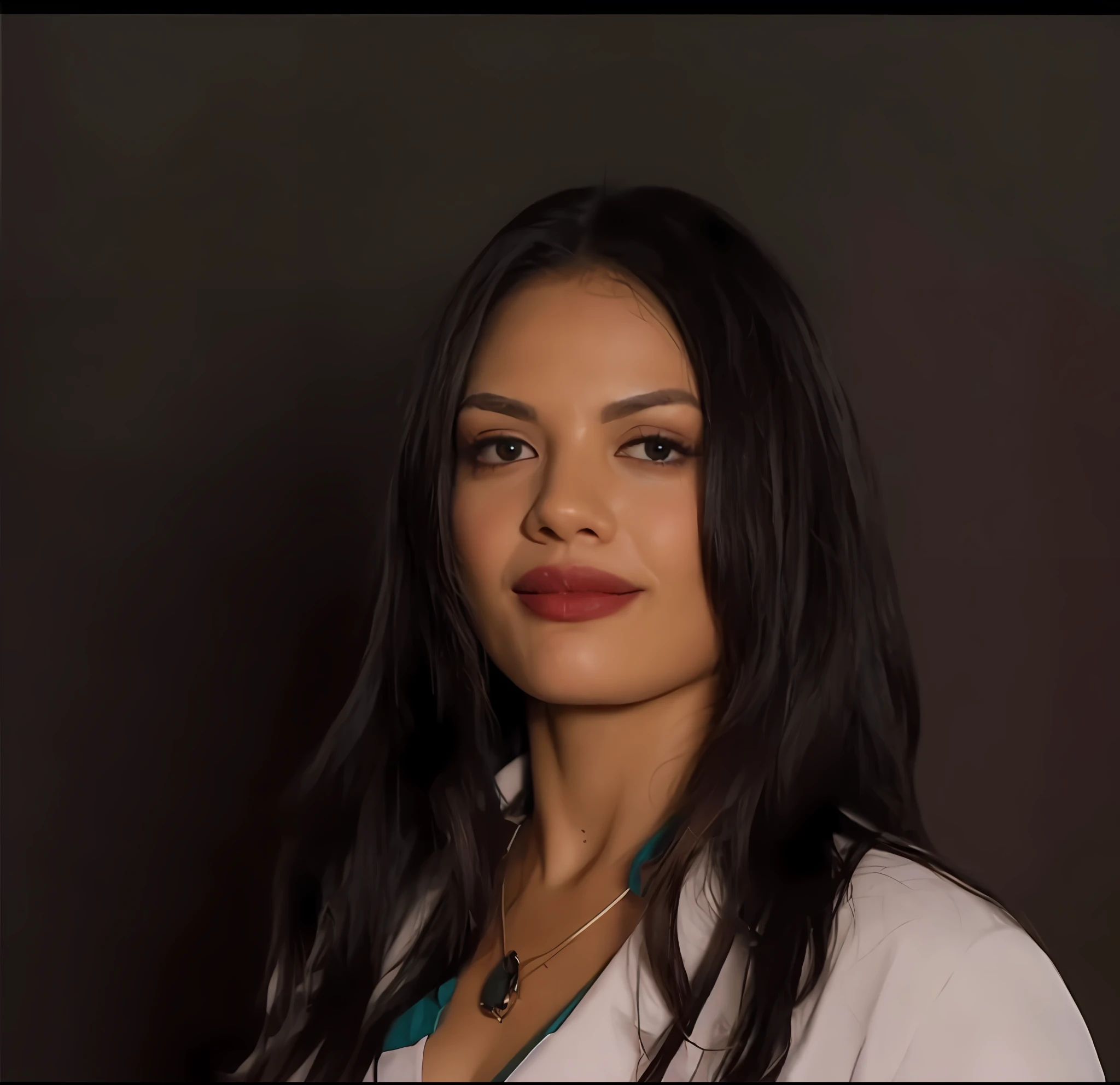 um close up de uma mulher com longos cabelos pretos usando um casaco branco, Alanis Guillen, vestindo jaleco e blusa, imagem profissional, medic, imagem promocional, amazing professional picture, foto de perfil profissional, Madalena Radziej, Adriana DXIM, by Amelia Peláez, Lorena Avarez, taken in the early 2020s