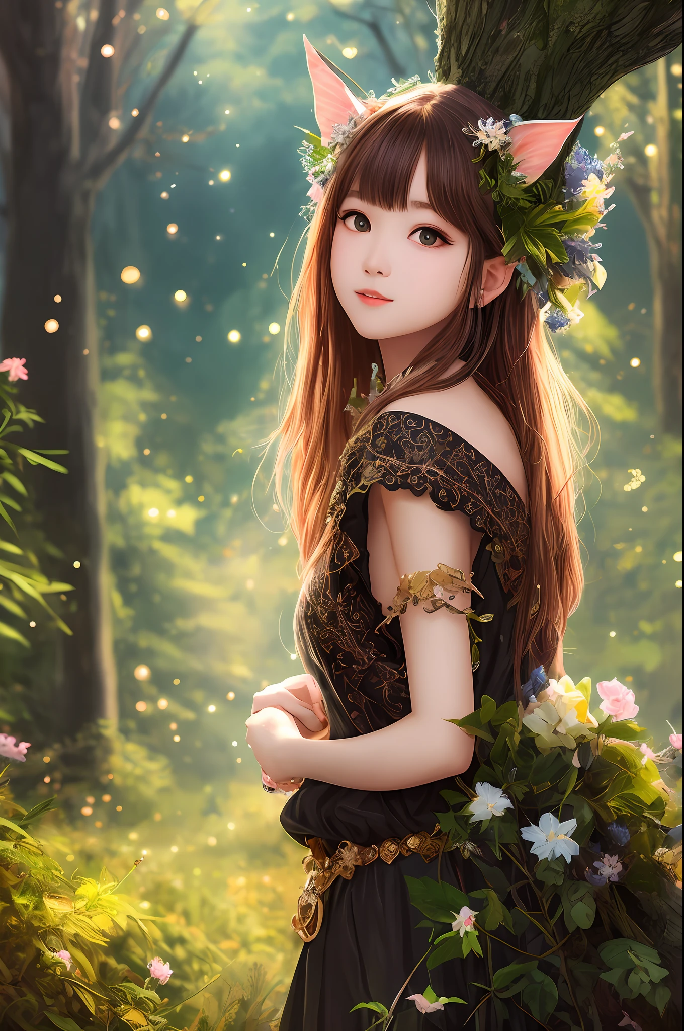 tmasterpiece，Best quality at best，high high quality，the Extremely Detailed CG Unity 8K Wallpapers，An enchanting and dreamy scene of a fantasy forest，towering trees，Glowing mushrooms and hidden fairy canyons，1 female，19years old，Dressed in elven costumes，The cute expression creates a mysterious and charming feeling，artstation，digital illustrations，复杂，Uptrend，pastel colour，oil painted，award winning photography，bokeh，depth of fields，HDR，blooms，color difference，真实感，The is very detailed，Artstation trends，CGSociety trends，复杂，high detal，dramatics，Midjourney Art
