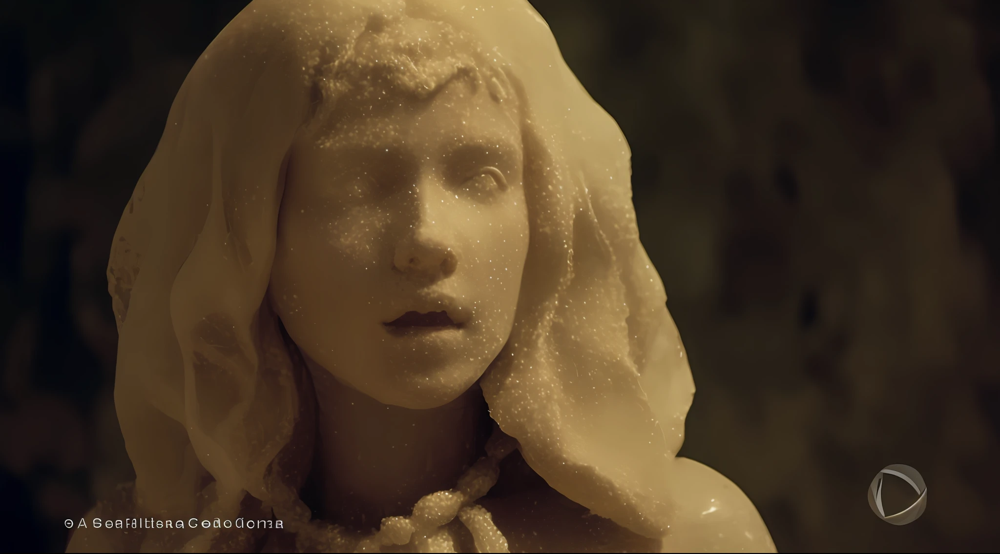 a closeup of a statue of a woman with a veil in, female made of ice, a still of an ethereal, frozen like a statue, porcelain holly herndon statue, Medusa feita de cera, cinematic close-up of bust, Medusa feita de cera macia, made of marble, coberto de sal, cinematic goddess close shot, Escultura de Cate Blanchett
