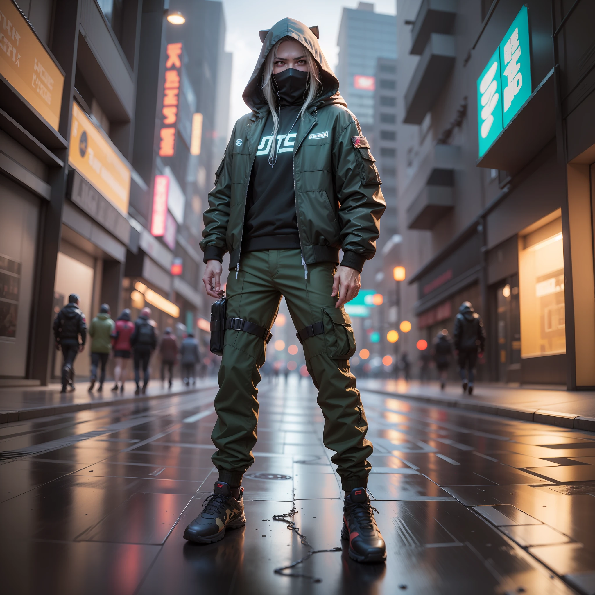(obra-prima, foto de corpo inteiro, fotografia crua intrincada) Cyberpunk Citizen, comfortable super oversized asymmetrical
Standard Camouflage Techwear Jacket Green Hood Black, black cargo pants, roupa preta, escuro, aerodynamic, intrincado, futurista, advanced technology, ambiente escuro, dramatic, luz e sombra, cinemactic, action film, nitidez, random relaxed position, cidade cyberpunk, luzes de neon de rua, rua escura, noite, foto insta, foto do ano, octane render, substance, Maya 3D, cinema4D, ArtStation Trending, Devian Art Trend,