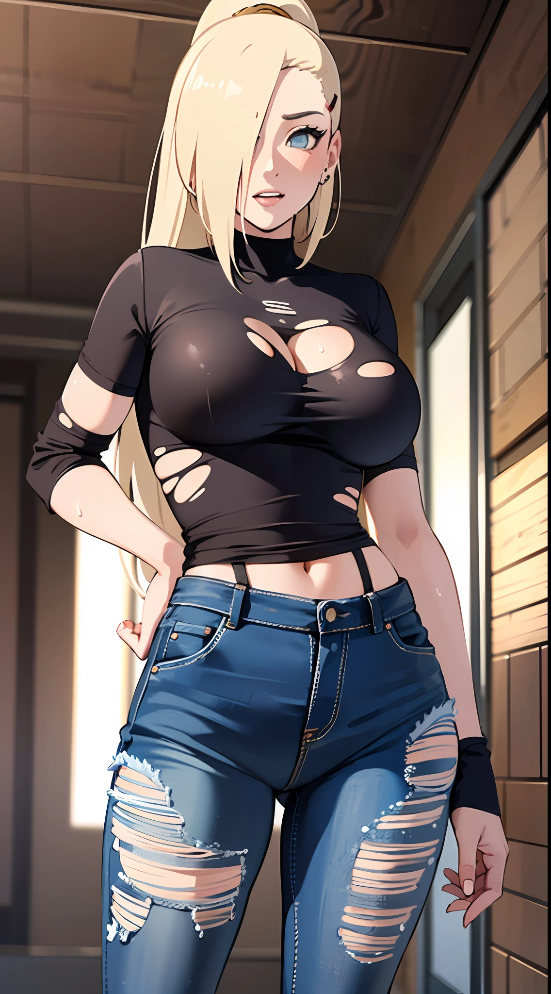 (beste-Qualit, 8K, 12), yamanaka ino, 1 girl, giant breast, the perfect body, ultra detail face, detailed lips, Slender Eyes, décolleté, Shirt, torn jeans, Standing, seductive, Excited, areolas, in heat, Milf, sperm, cum on face, the sweat, Looking down, From Bottom