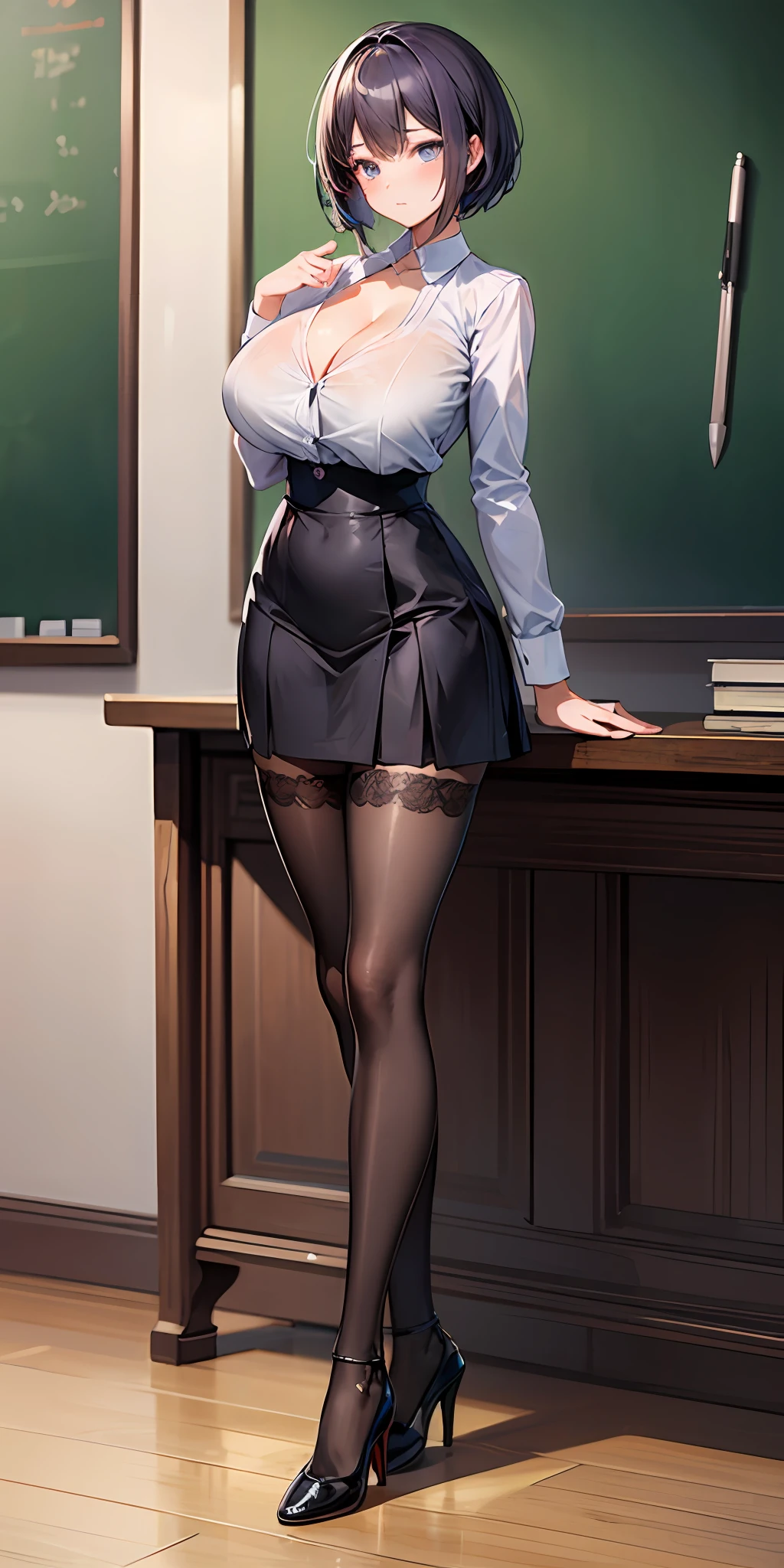 (masterpiece), best quality, expressive eyes, perfect face, 1girl, mature woman, purple short hair, school teacher, strict, huge breasts, cleavage, narrow waist, pensil skirt, full body, high heels, stockings