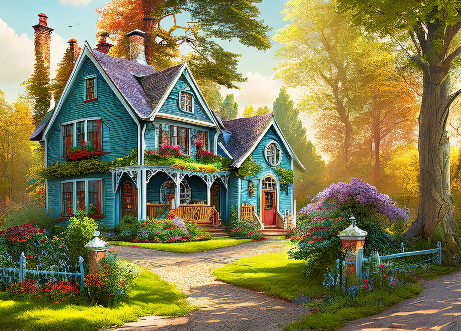 high quality comic of a house with a dog in front of it, beatiful house, rich picturesque colors, beautiful house on a forest path, highly detailed digital artwork, 4k highly detailed digital art, idyllic cottage, sunlight and whimsical houses, a photorealistic rendering, bright colors highly detailed, highly detailed scene, digital painting highly detailed, by artist john sloane