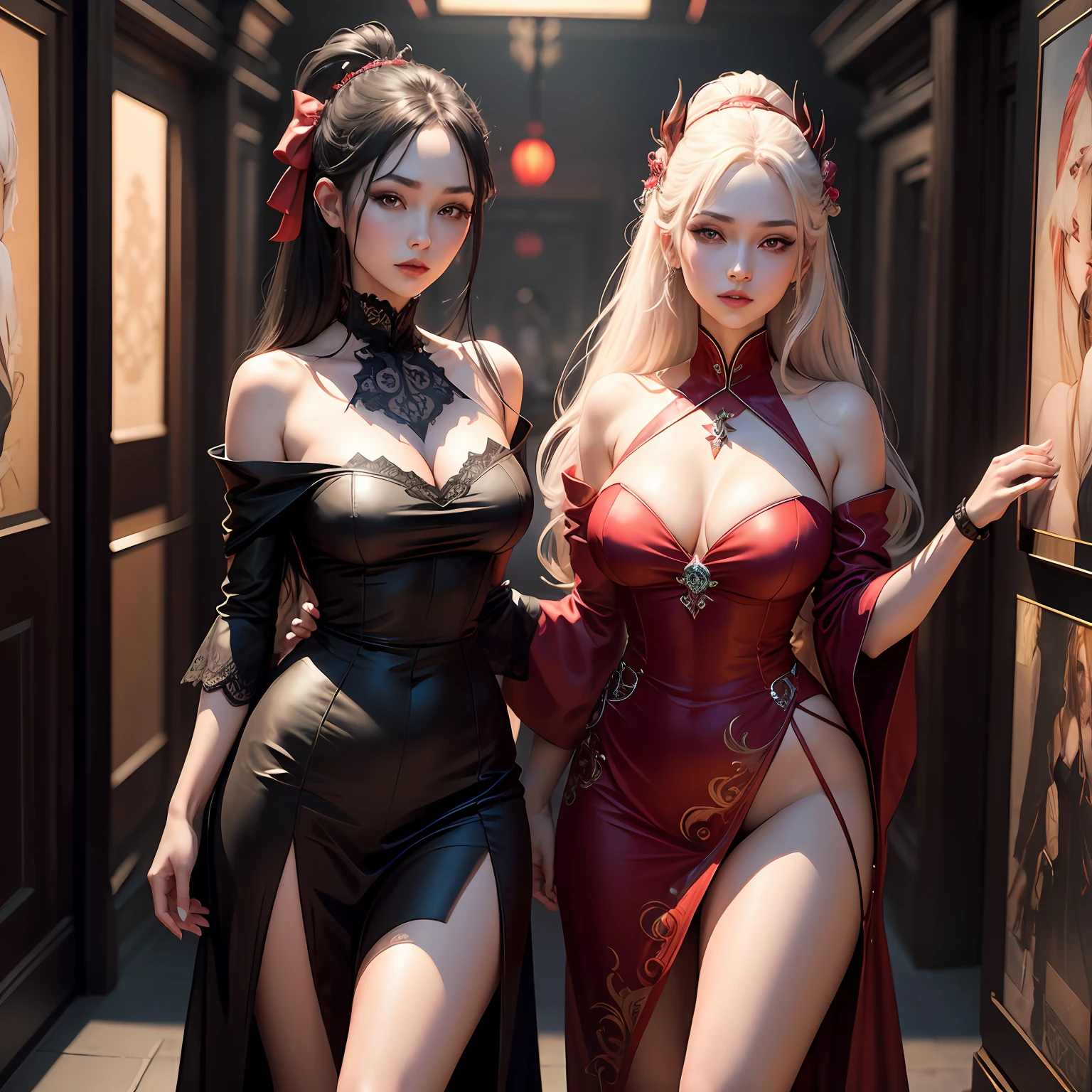 best quality, masterpiece, highres, 2 girls, hanfu, white and even teeth, red irises, chinese underwear, stockings, full body shot, high heels, high boots, choker, long gloves, hair ornaments, necklace, jewelry, crown jewelry. Pretty face, full body, magic import style, tyndall effect, photo realistic, dark studio, border light, two tone light, (high detail skin: 1.2), 8k uhd, dslr , soft light, high quality, volumetric light, candid, Photo , high resolution, 4k, 8k, Bokeh, (light pink lips), 1 beautiful demon from hell, In the Dark: 1.6), surreal full body of women by David Hockney and Alphonse Mucha, fantasy art, photorealism, dynamic lighting, station art, posters, volumetric lighting, highly detailed faces , super 8k, Awarded, in the dark, deep shadow, low light, cowboy lens, (Red phoenix shirt: 1.4), long hair, black hair, bust, luxury palace, Royal style family, devil's crown, red eyes with very sharp and detailed makeup, Best face, Very round and tight breasts, Surreal, chinese women's clothing, turtleneck polo lace top, charming smile, Beautiful eye makeup, guweiz, black lace stockings, mesh stockings with hooks on underwear, ponytail with a bow at the back, dark red lips, Devil tattoo on shoulder, wearing a nightgown thin lace deep slit chest red black, overcast and thunderous landscape, (full body), Close-up of main character, (Background detail 1.8), lace socks worn at the waist, moderately big butt, --auto