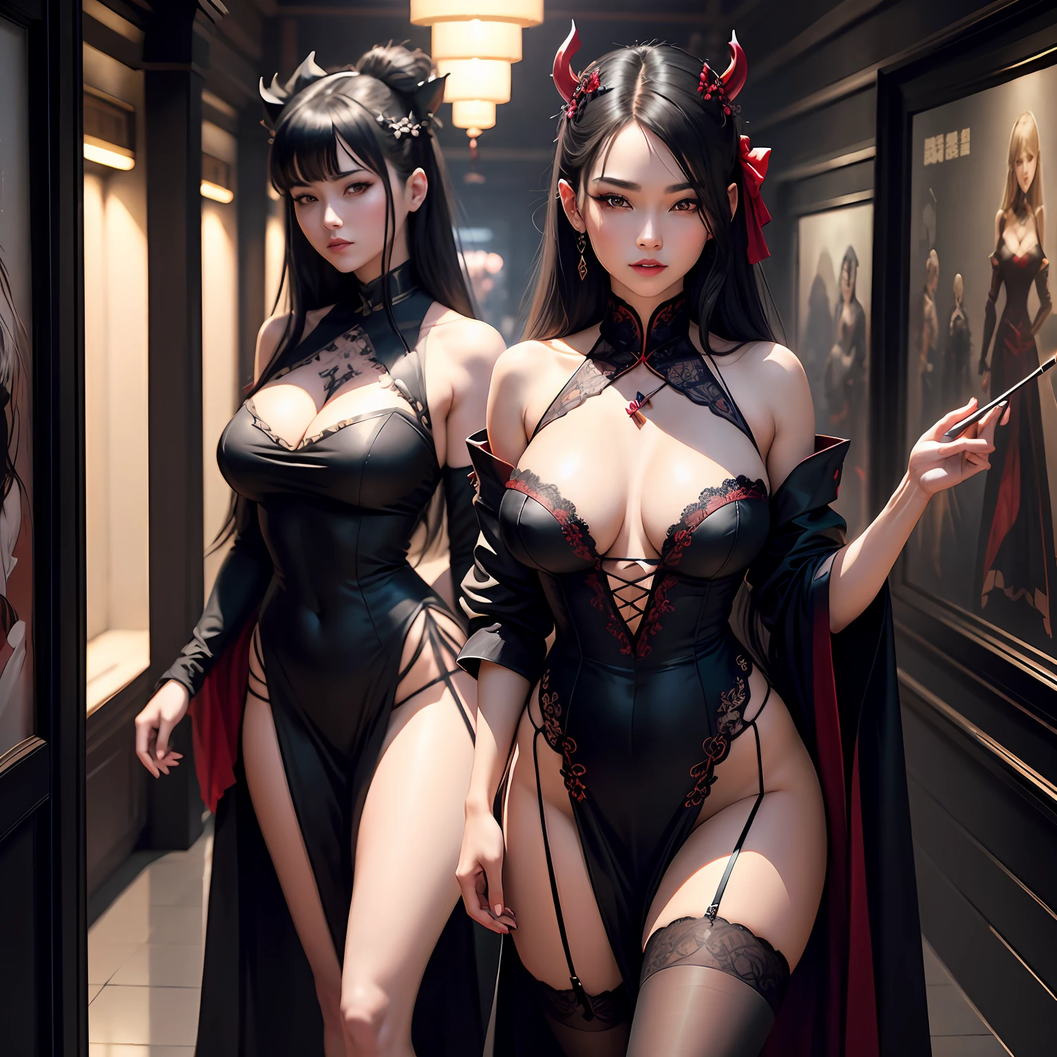 best quality, masterpiece, highres, 2 girls, hanfu, white and even teeth, red irises, chinese underwear, stockings, full body shot, high heels, high boots, choker, long gloves, hair ornaments, necklace, jewelry, crown jewelry. Pretty face, full body, magic import style, tyndall effect, photo realistic, dark studio, border light, two tone light, (high detail skin: 1.2), 8k uhd, dslr , soft light, high quality, volumetric light, candid, Photo , high resolution, 4k, 8k, Bokeh, (light pink lips), 1 beautiful demon from hell, In the Dark: 1.6), surreal full body of women by David Hockney and Alphonse Mucha, fantasy art, photorealism, dynamic lighting, station art, posters, volumetric lighting, highly detailed faces , super 8k, Awarded, in the dark, deep shadow, low light, cowboy lens, (Red phoenix shirt: 1.4), long hair, black hair, bust, luxury palace, Royal style family, devil's crown, red eyes with very sharp and detailed makeup, Best face, Very round and tight breasts, Surreal, chinese women's clothing, turtleneck polo lace top, charming smile, Beautiful eye makeup, guweiz, black lace stockings, mesh stockings with hooks on underwear, ponytail with a bow at the back, dark red lips, Devil tattoo on shoulder, wearing a nightgown thin lace deep slit chest red black, overcast and thunderous landscape, (full body), Close-up of main character, (Background detail 1.8), lace socks worn at the waist, moderately big butt, --auto