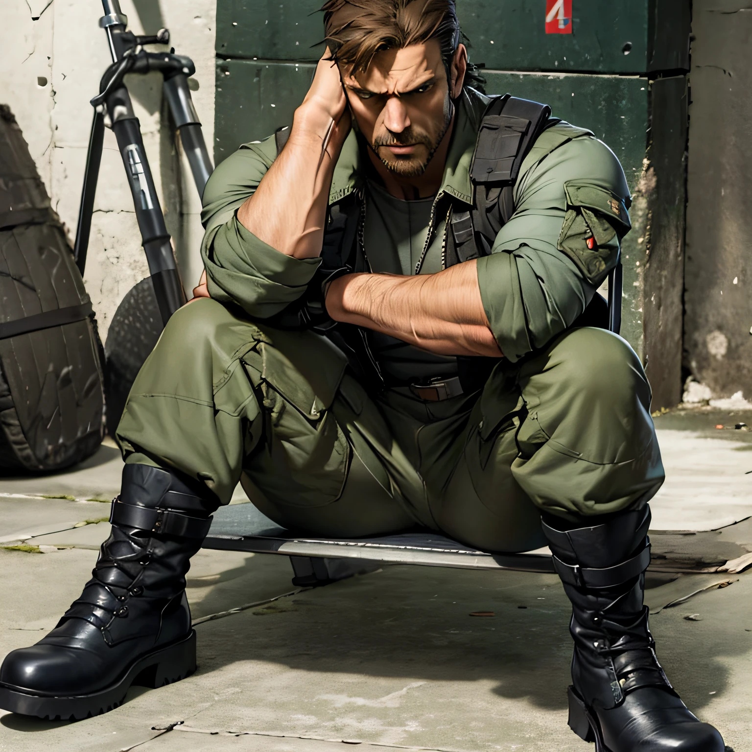 Big boss of Metal Gear Solid,Sit Pose,Boots,Close-up of feet