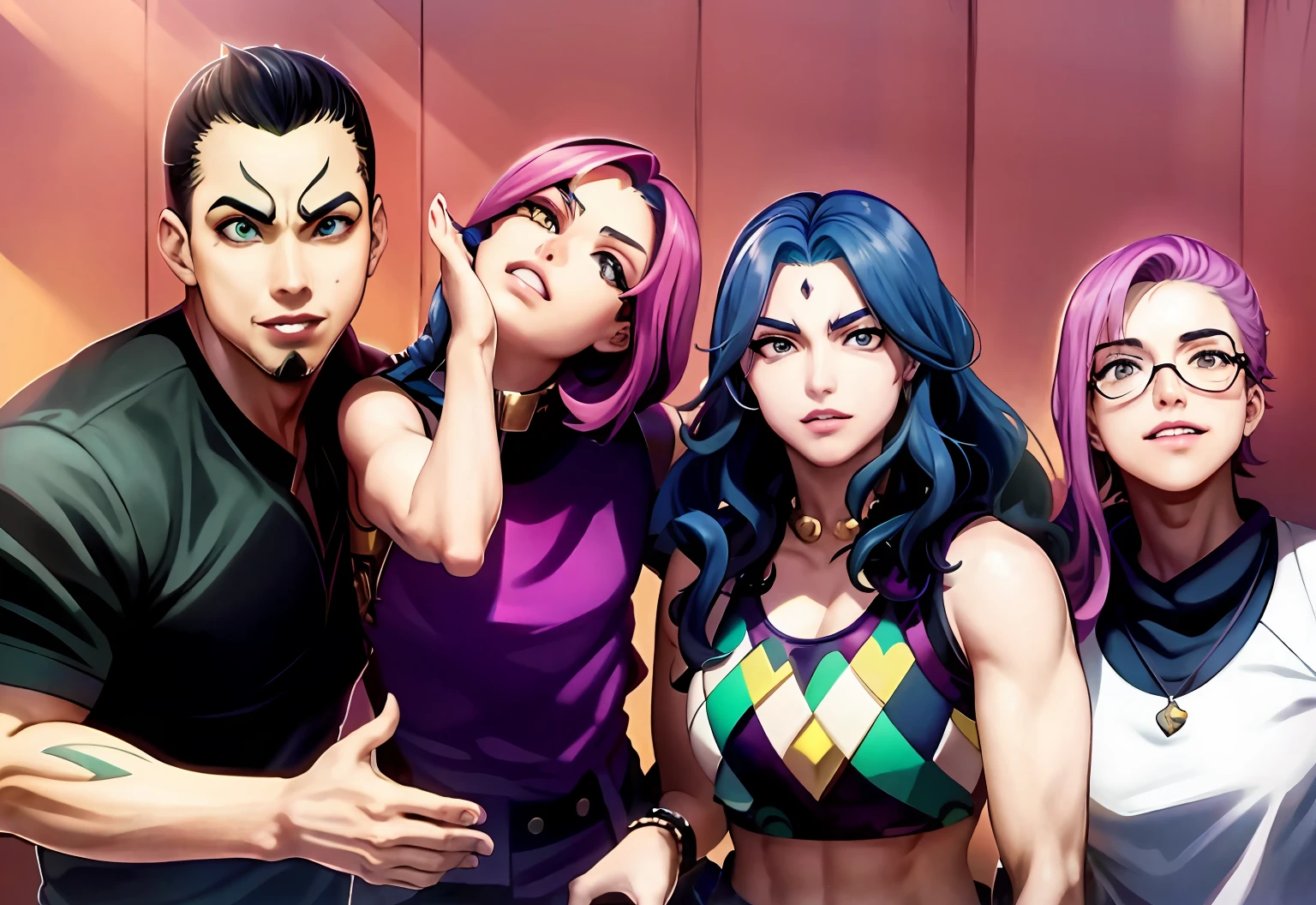 a group of young people standing next to each other in front of a wall, estilo anime Jojo, Jojo's Bizzare Aventura, em Jojo\A Aventura Bizarra, Jojo's Bizzare Aventura!!, Jojo aventura bizarra, Jojo\A Aventura Bizarra, As Aventuras Bizarras de Jojo, A aventura bizarra de Jojo, Jojo's Bizzare Aventura!!!!, estilo Jojo