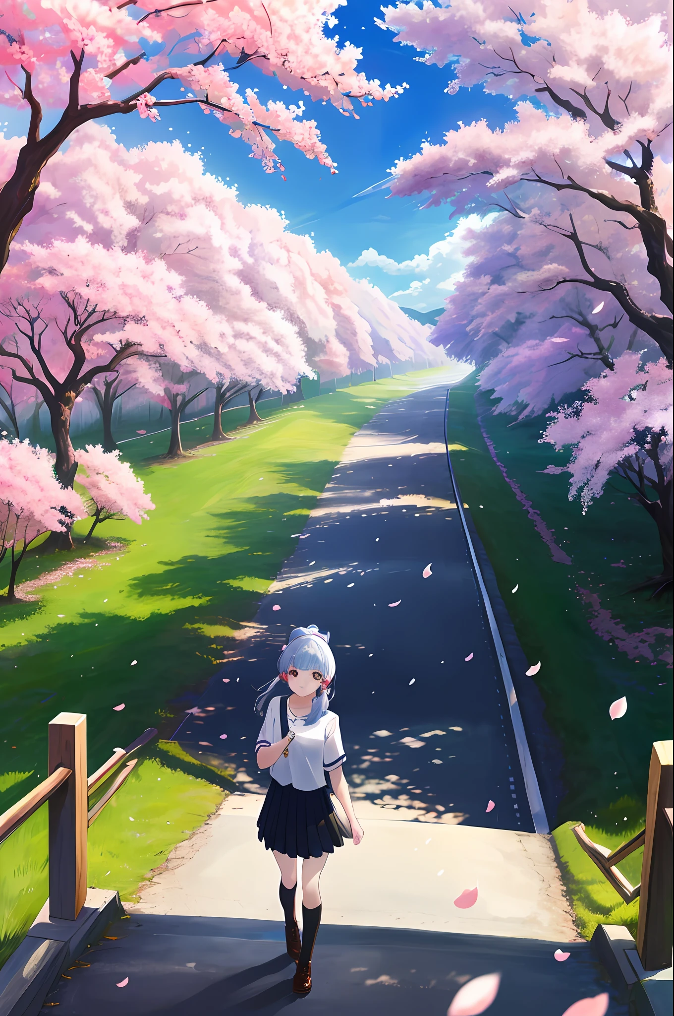 1girll, Kamiasto ayaka, Cherry blossoms, view the viewer, Blue sky