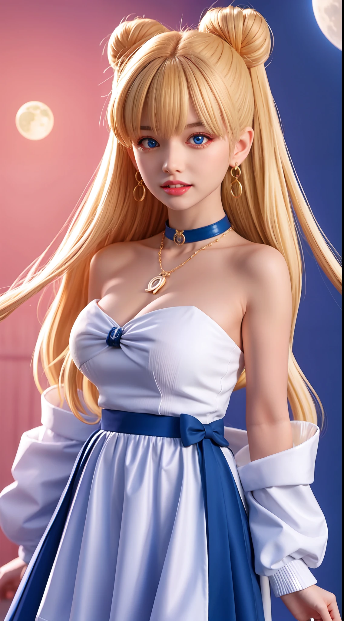 1girll,bangs,blond hairbl,eBlue eyes,Blue sailor collar,fashi-g,choker necklace,circle of the crone,cleavage,Keep one's mouth shut,鎖骨,Crescent,crescent earrings,Earrings,hair-bun,Hair on the shoulders,Heart,angina,jewelry,The long-haired,identical,partedbangs,Red necklace,Sailor collar,the sailor moon,Mariner Moon Redraw Challenge\(identical\),Sailor Morishi uniform,Solo,Tsuki no Sugi,double tails,The upper part of the body