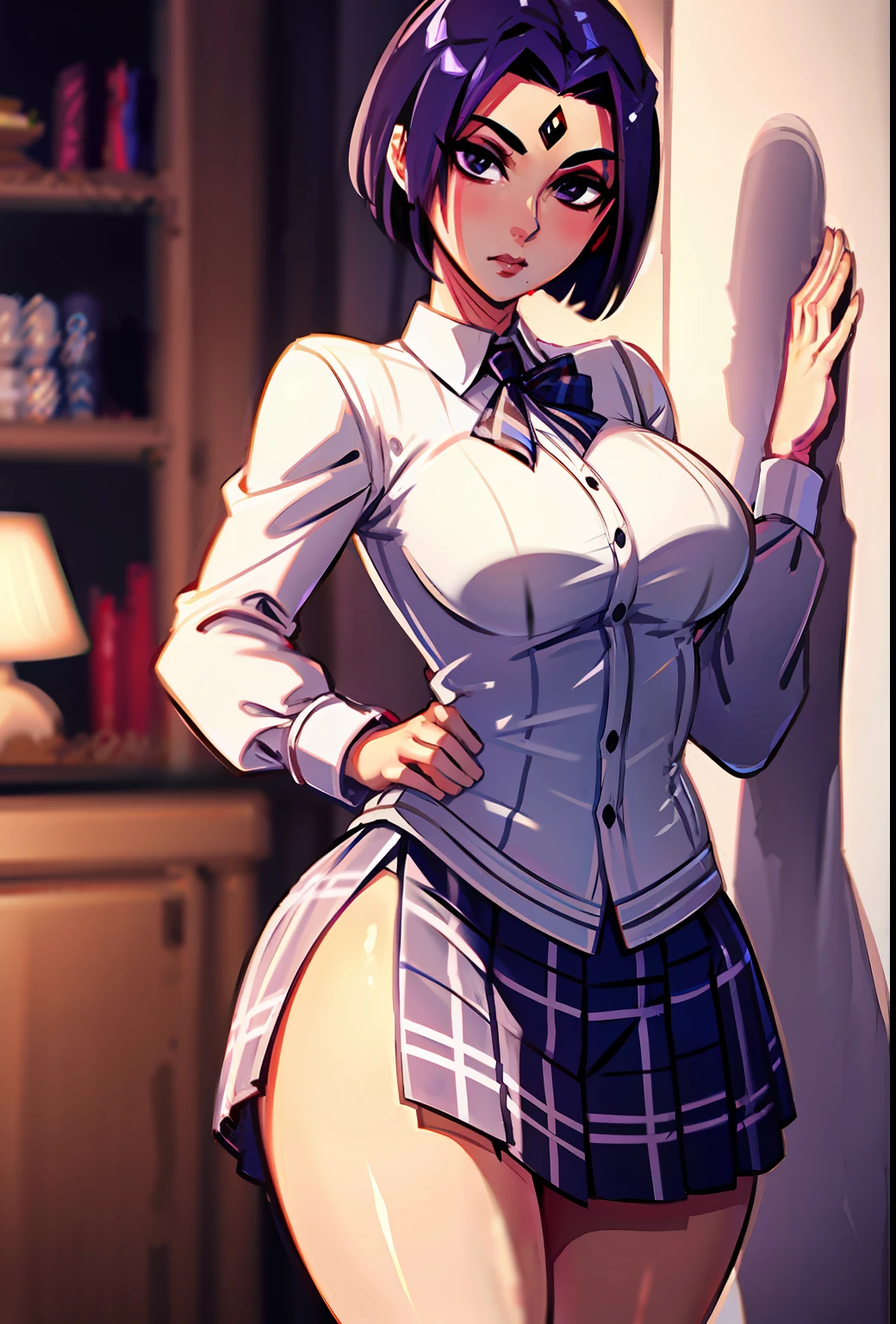 (Cowboy shot), SFW, (Masterpiece), (Best Quality:1.0), (ultra highres:1.0), Detailed eyes
BREAK
RavenTT, dynamicpose, A jewel on the forehead
sweater vest, plaid skirt, collared white shirt, long sleeves, thights, wide hips
BREAK
gorgeous, Vista, Erotica, in heat, lust