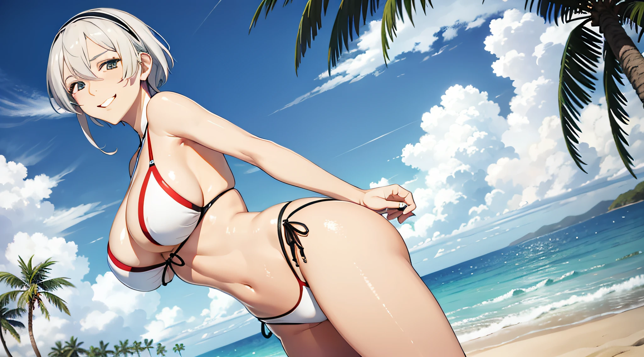 (masterpiece, best quality:1.2), caenis, fgo, summer, bikini, 1girl, solo, huge breasts, looking at viewer, smile, short hair, white hair, bangs, blue eyes, animal ears, cleavage, bare shoulders, swimsuit, white jacket, denim shorts, open clothes, hairband, , grin, black bikini, sunglasses, eyewear on head, body markings, white nails, beach, palm trees