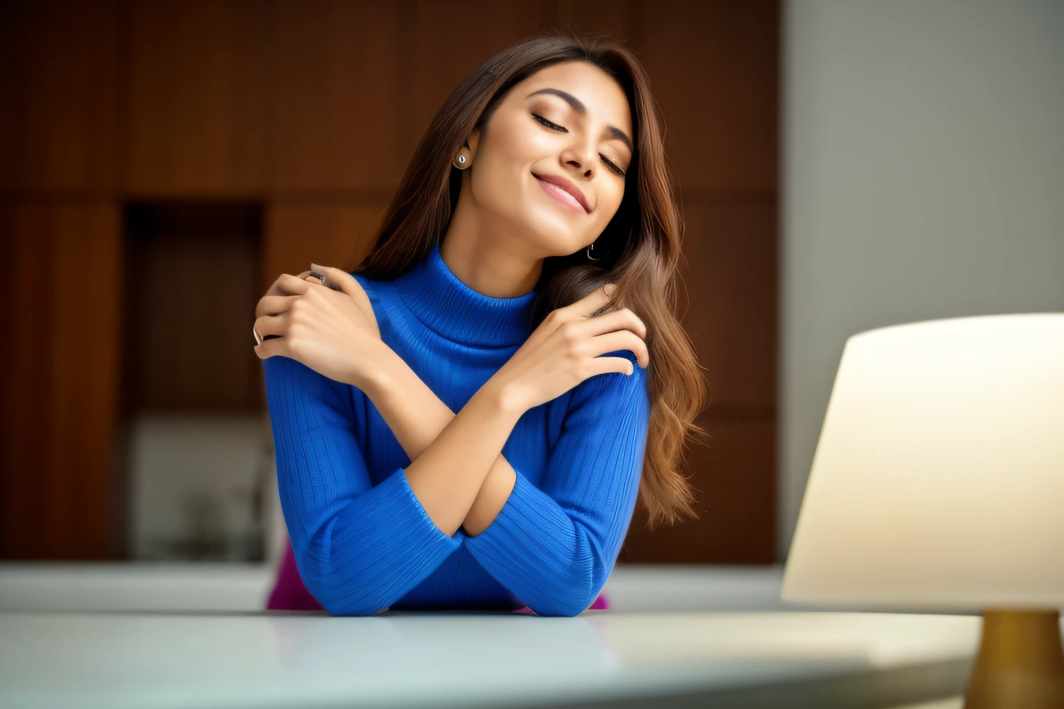 A woman with her eyes closed and arms crossed, Sorrindo Foto Stock, lovely woman, she is in pure bliss, mulher jovem bonito, Pose satisfeita, ela expressando alegria, confident relaxed pose, hugging her knees, pose suave e calma, foto de uma mulher bonita, jovem e bonito, Retrato de uma mulher bonita