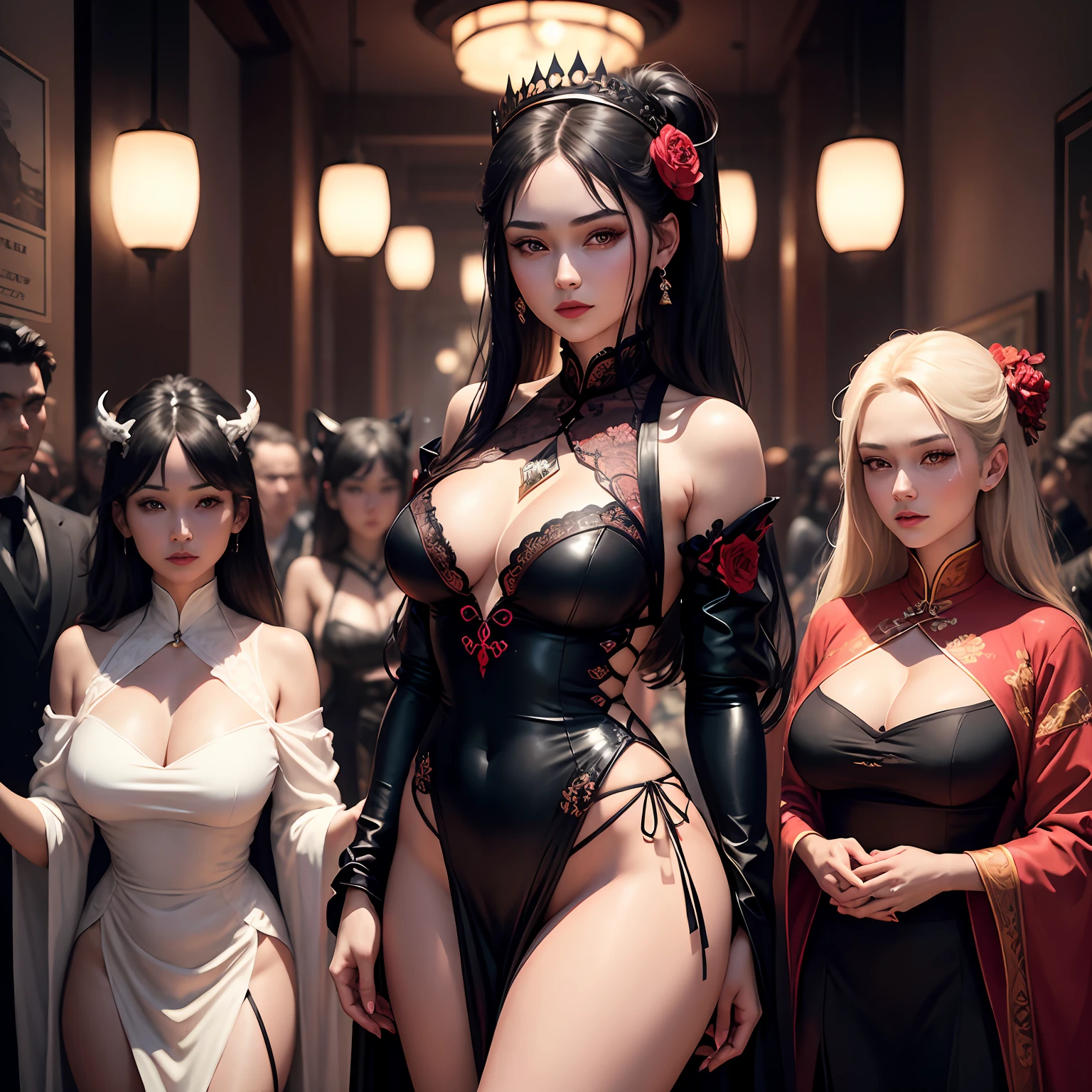 best quality, masterpiece, highres, 5 girls, hanfu, white and even teeth, red irises, chinese underwear, stockings, full body shot, high heels, high boots, choker, long gloves, hair ornaments, necklace, jewelry, crown jewelry. Pretty face, full body, magic import style, tyndall effect, photo realistic, dark studio, border light, two tone light, (high detail skin: 1.2), 8k uhd, dslr , soft light, high quality, volumetric light, candid, Photo , high resolution, 4k, 8k, Bokeh, (light pink lips), 1 beautiful demon from hell, In the Dark: 1.6), surreal full body of women by David Hockney and Alphonse Mucha, fantasy art, photorealism, dynamic lighting, station art, posters, volumetric lighting, highly detailed faces , super 8k, Awarded, in the dark, deep shadow, low light, cowboy lens, (Red phoenix shirt: 1.4), long hair, black hair, bust, luxury palace, Royal style family, devil's crown, red eyes with very sharp and detailed makeup, Best face, Very round and tight breasts, Surreal, chinese women's clothing, turtleneck polo lace top, charming smile, Beautiful eye makeup, guweiz, black lace stockings, mesh stockings with hooks on underwear, ponytail with a bow at the back, dark red lips, Devil tattoo on shoulder, wearing a nightgown thin lace deep slit chest red black, overcast and thunderous landscape, (full body), Close-up of main character, (Background detail 1.8), lace socks worn at the waist, moderately big butt, --auto