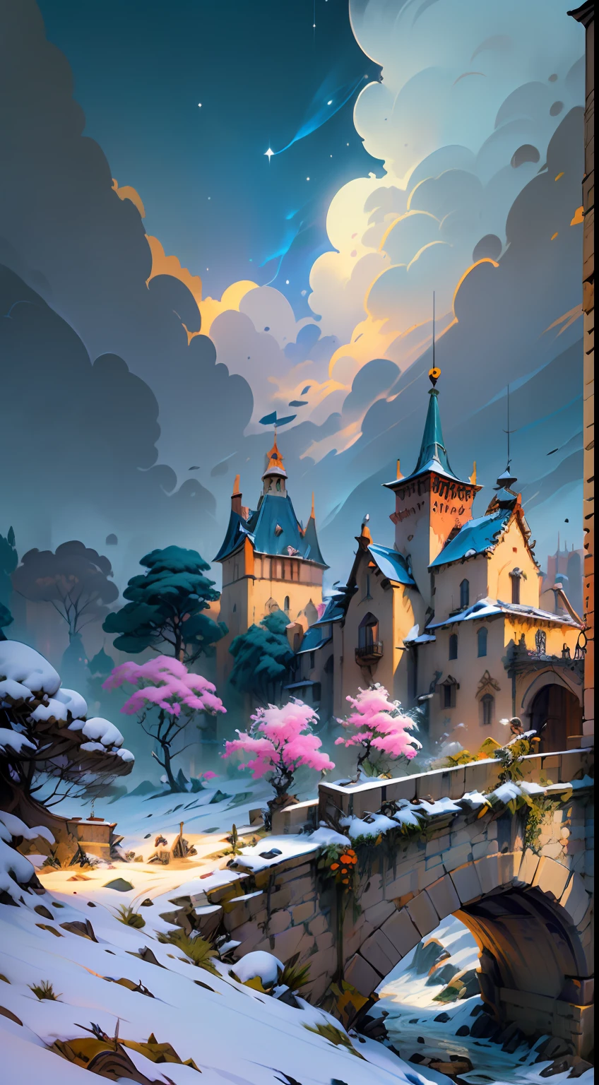 (A magical place: 1.2, bright colours: 1.1, bridge, The city on the horizon, 8K) medieval castle, In the winter sky with ralampagos