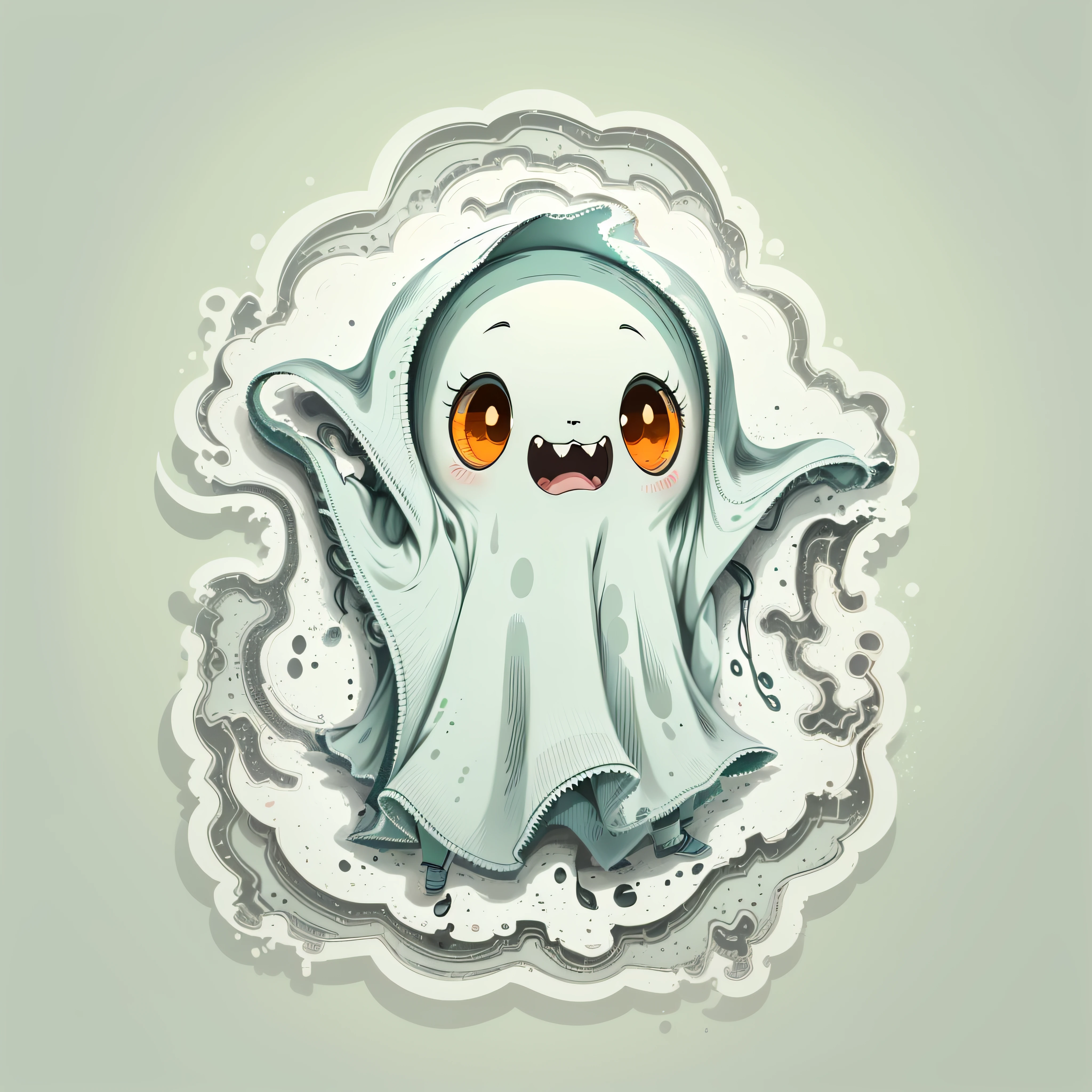 Cut little halloween ghost Sticker, Adorable, Algorithmic art, Contour, Vector, White Background, Detailed