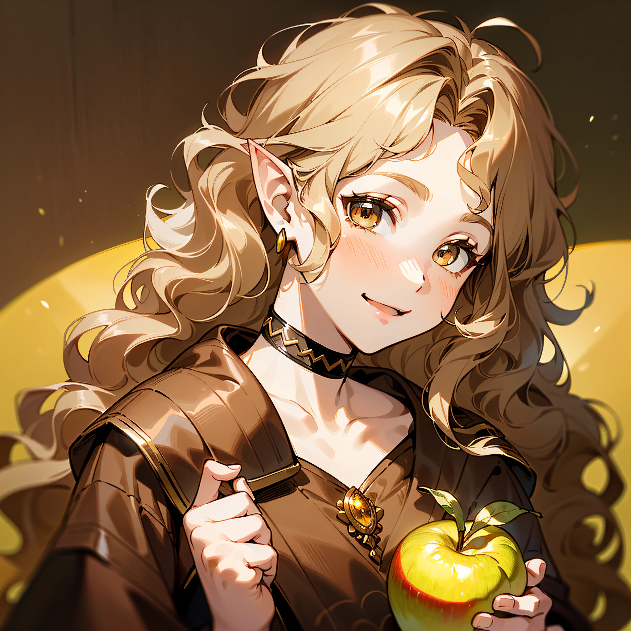 ((young man)), (((one person))), (((single))), (((solo))), (slim body), (((flat chest))), ((pale skin)), (((light blonde hair))), ((pointy ears)), (((very poofy hair))), ((very fluffy hair)), (((wavy hair))), (((very long hair))), ((full hair)), (((dark brown colored eyes))), (((dark brown eyes))), cute face, ((fantasy style)), (((brown choker))), (brown colored choker), (((male))), guy, boy, (((wearing fantasy style clothes))), (((patterns on the clothes))), magic, (((brown colored clothes))), (((brown clothes))), embroidery on clothes, ((small gemstone on the choker)), smiling, (((holding a yellow colored apple)))