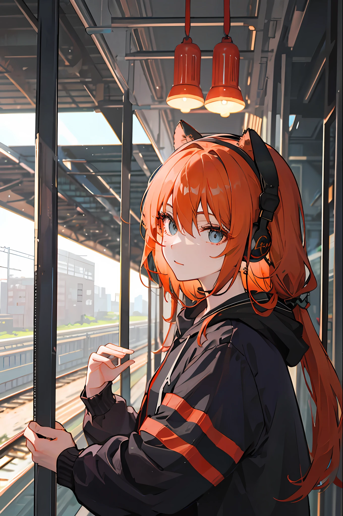 (tmasterpiece，Side lighting，Hyper-detailing，Fine details beautify the eyes:1.2)，1girll，Bao，buliding，From the side Side，Earphone，hooding，hooding，jaqueta com capuz，hoody，jaket，long whitr hair，orange color hair，Lateral face，disuse。，独奏，trains，Inside the train，Upper body，tmasterpiece，Best quality at best