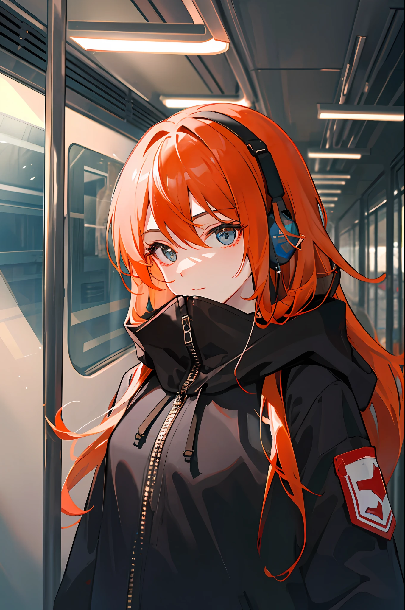 (tmasterpiece，Side lighting，Hyper-detailing，Fine details beautify the eyes:1.2)，1girll，Bao，buliding，From the side Side，Earphone，hooding，hooding，jaqueta com capuz，hoody，jaket，long whitr hair，orange color hair，Lateral face，disuse。，独奏，trains，Inside the train，Upper body，tmasterpiece，Best quality at best