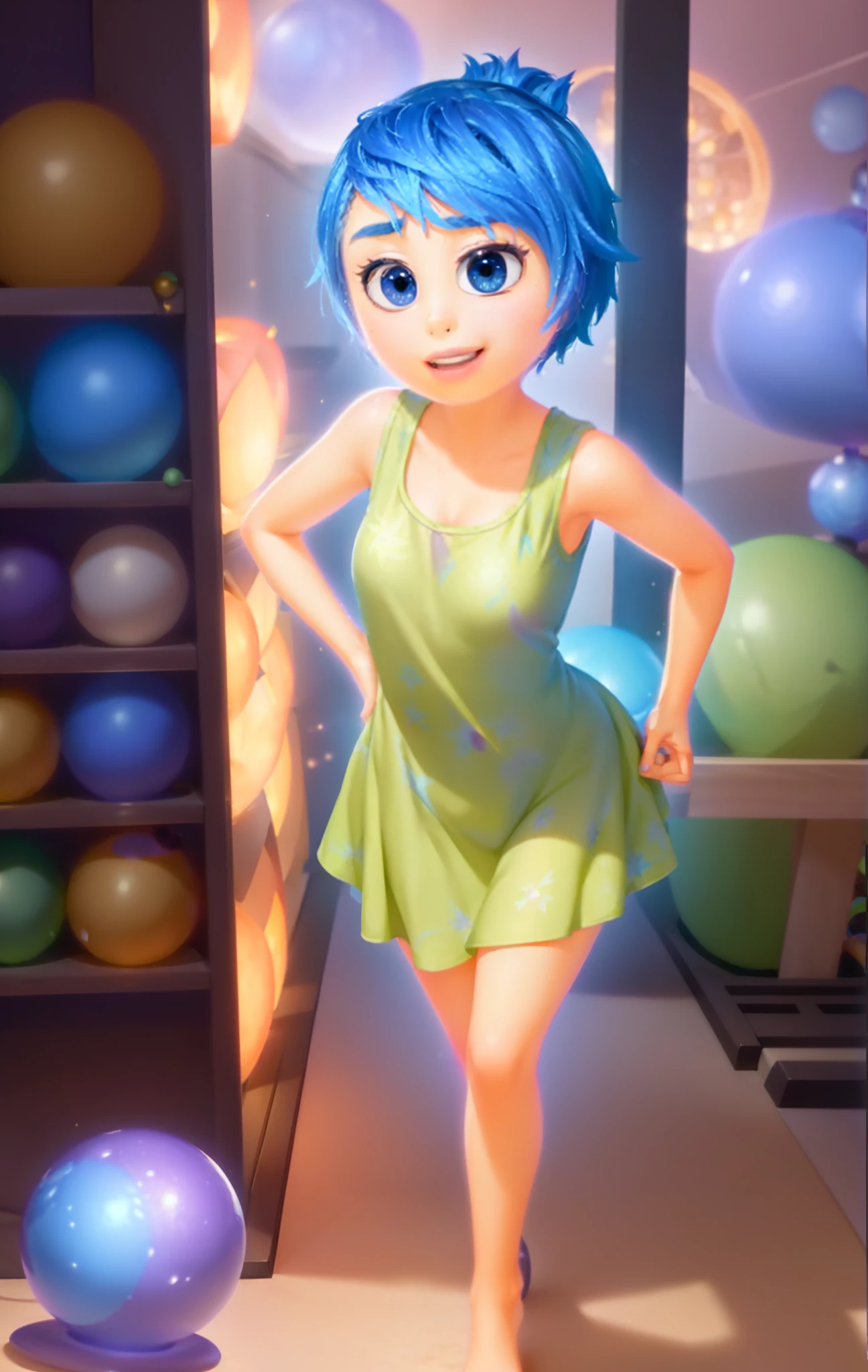 Masterpiece, Best Quality, (joying_Inside out, yellow skin, ), Happy, (sleeveless lime green dress speckled with firework-style flowers print that goes to the knees), Pixar, cartoony, 3D Rendering, small breasts, bare footed, Sunlight, (parted lips:1.4), (nose blush:1.2), foreshortening, blackcutoffs, (eye contact), high contrast, ultra high res, high resolution, detailed, breasts visible, Showing breasts, (cinematic lighting), ((high-angle view)), (half body shadow), [backlighting], [crepuscular ray], [detailed ambient light], [gray natural lighting], [ambient light on the belly], (higher wildlife feral detail), [explict content], [sharp focus], (questionable content), (shaded), ((masterpiece), Commission for High Res, detailed image, bright colors, detailed face, perfect lighting, perfect shadows, perfect eyes, girl focus, flawless face, gorgeous body, shiny body, center focus, gaze at the viewer, 1girl, solo, (masterpiece:1.21), (best quality:1.2), (illustration:1.2), (cinematic lighting:1.3), balanced coloring, global illumination, ray tracing, good lighting, cleavage, attractive body, sexy body, looking at viewer, SFW, portrait, happy expression, (((inside out headquarters background, overall of purple hues interior, walls with numerous shelves with glowing spheres))), excited, Joy, right hand on right cheek, left hand on left cheek