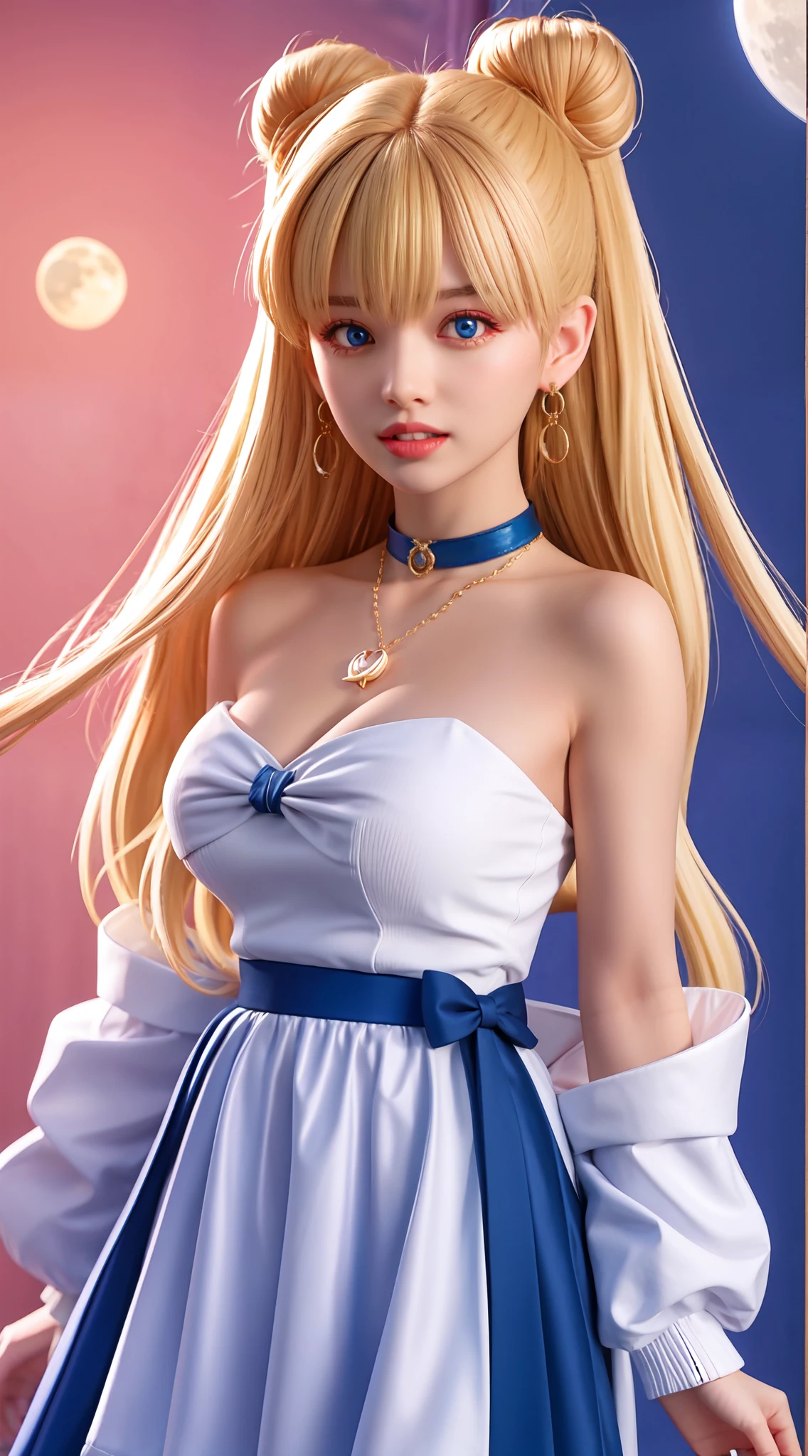 1girll,bangs,blond hairbl,eBlue eyes,Blue sailor collar,fashi-g,choker necklace,circle of the crone,cleavage,Keep one's mouth shut,鎖骨,Crescent,Crescent earrings,Earrings,hair-bun,hair on shoulders,Heart,angina,jewelry,long whitr hair,identical,partedbangs,Red necklace,Sailor collar,the sailor moon,Mariner Moon Redraw Challenge\(identical\),Sailor Morishi uniform,Solo,Tsuki no Sugi,double tails,The upper part of the body