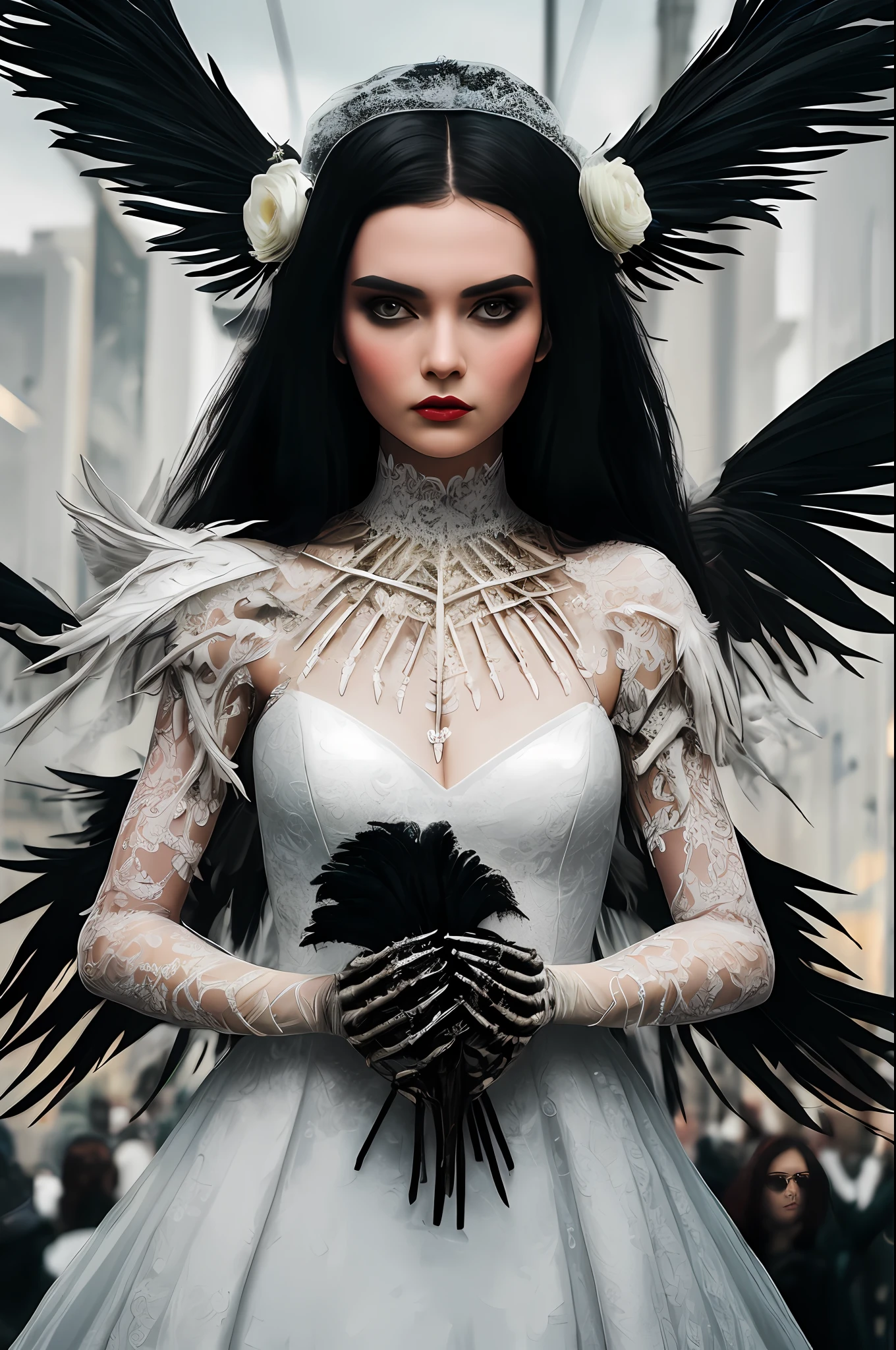 Girl-bride, fluffy dress made of black feathers, Lace bride in cyberpunk, Bouquet of bones in your hands, Lace made of bones, neonlight, Menacing gaze, big breastes, hair light