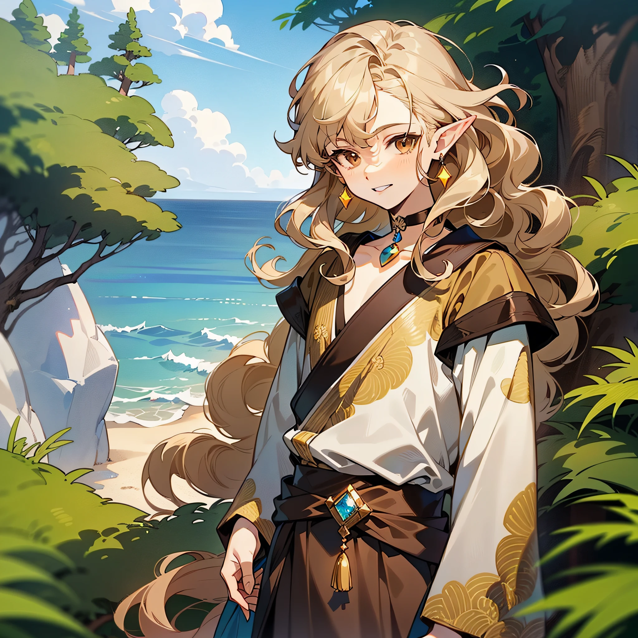 ((young man)), (((one person))), (((single))), (((solo))), (slim body), (((flat chest))), ((pale skin)), (((light blonde hair))), ((pointy ears)), (((very poofy hair))), ((very fluffy hair)), (((wavy hair))), (((very long hair))), ((full hair)), (((dark brown colored eyes))), (((dark brown eyes))), cute face, ((fantasy style)), (((brown choker))), (brown colored choker), (((male))), guy, boy, (((wearing fantasy style clothes))), (((patterns on the clothes))), magic, (((brown colored clothes))), (((brown clothes))), embroidery on clothes, ((small gemstone on the choker)), smiling, rocky coast in the background, ocean in the background, a few japanese pine trees in the background