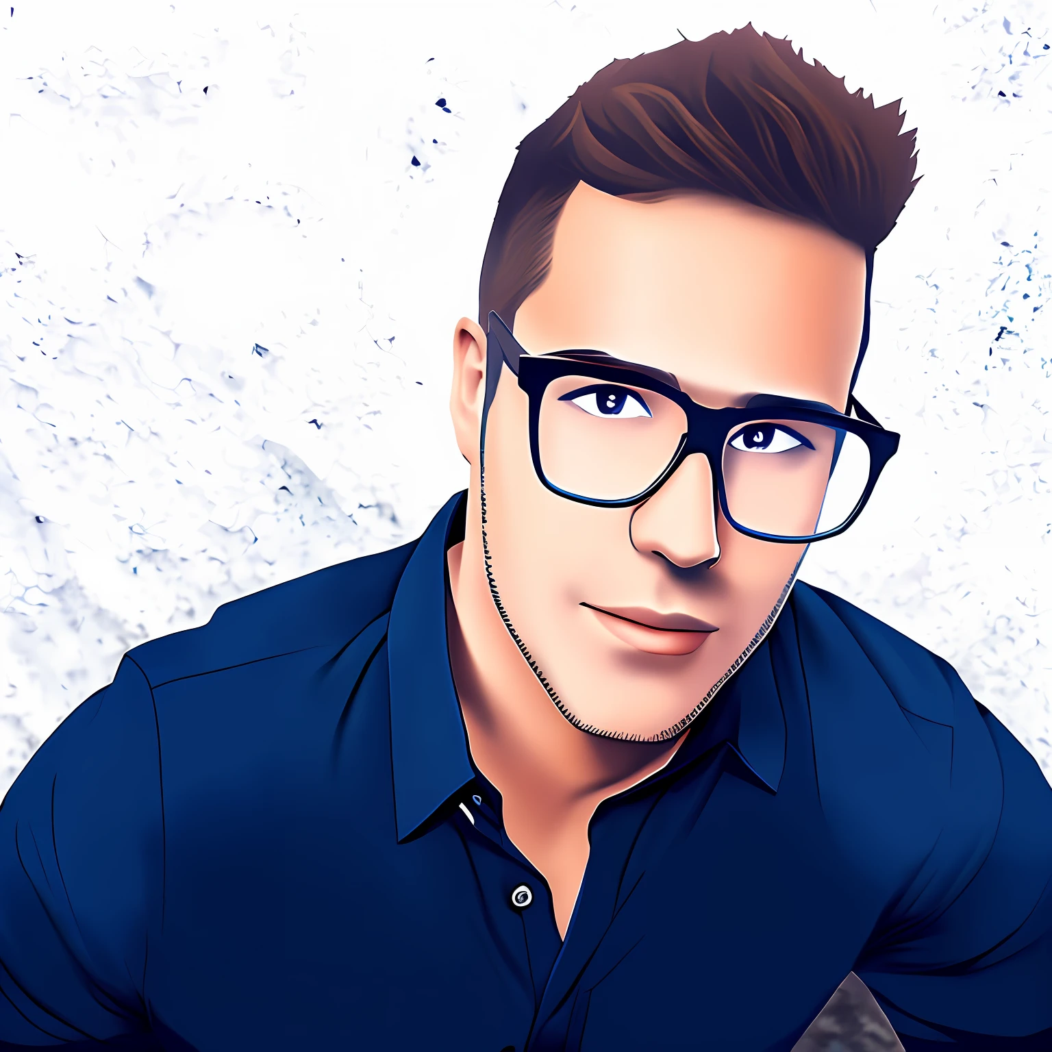 (melhor qualidade), (ultra-detalhado), (realista), estilo anime, Man in glasses black and blue shirt, (olhos verdes), cabelos castanhos, imagem de perfil